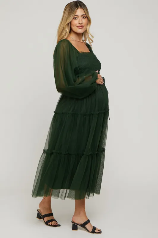 Green Mesh Tiered Long Sleeve Maternity Maxi Dress sold by Pinkblush