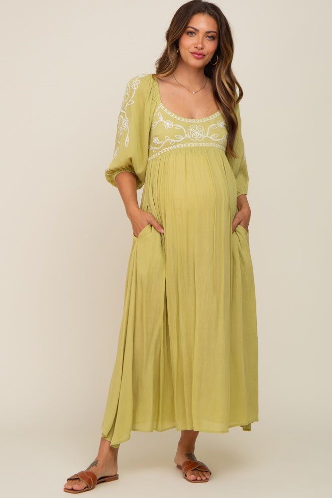 Green 3/4 Sleeve Embroidered Maternity Maxi Dress sold by Pinkblush