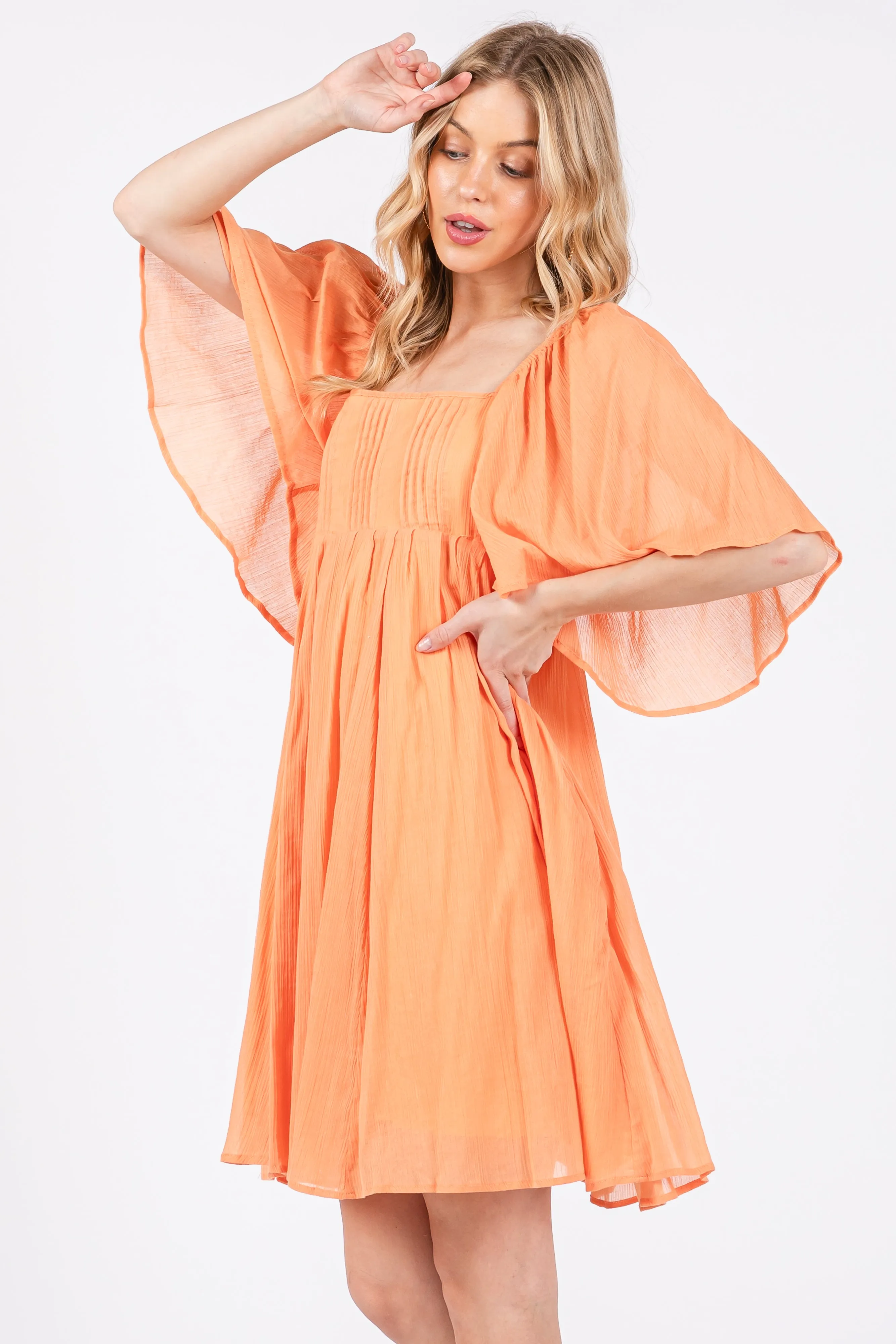 Orange Square Neck Pleated Flutter Short Sleeve Dress sold by Pinkblush product image thumbnail 2