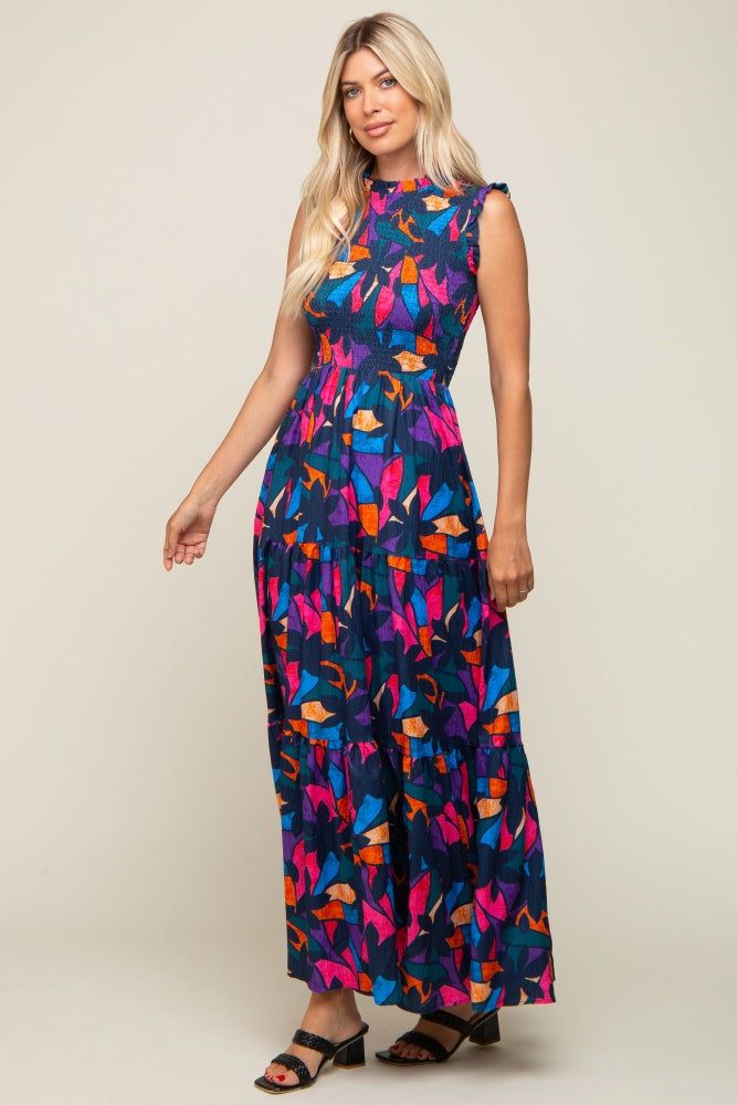 Multi-Color Print Smocked Ruffle Mock Neck Tiered Maxi Dress sold by Pinkblush product image thumbnail 2