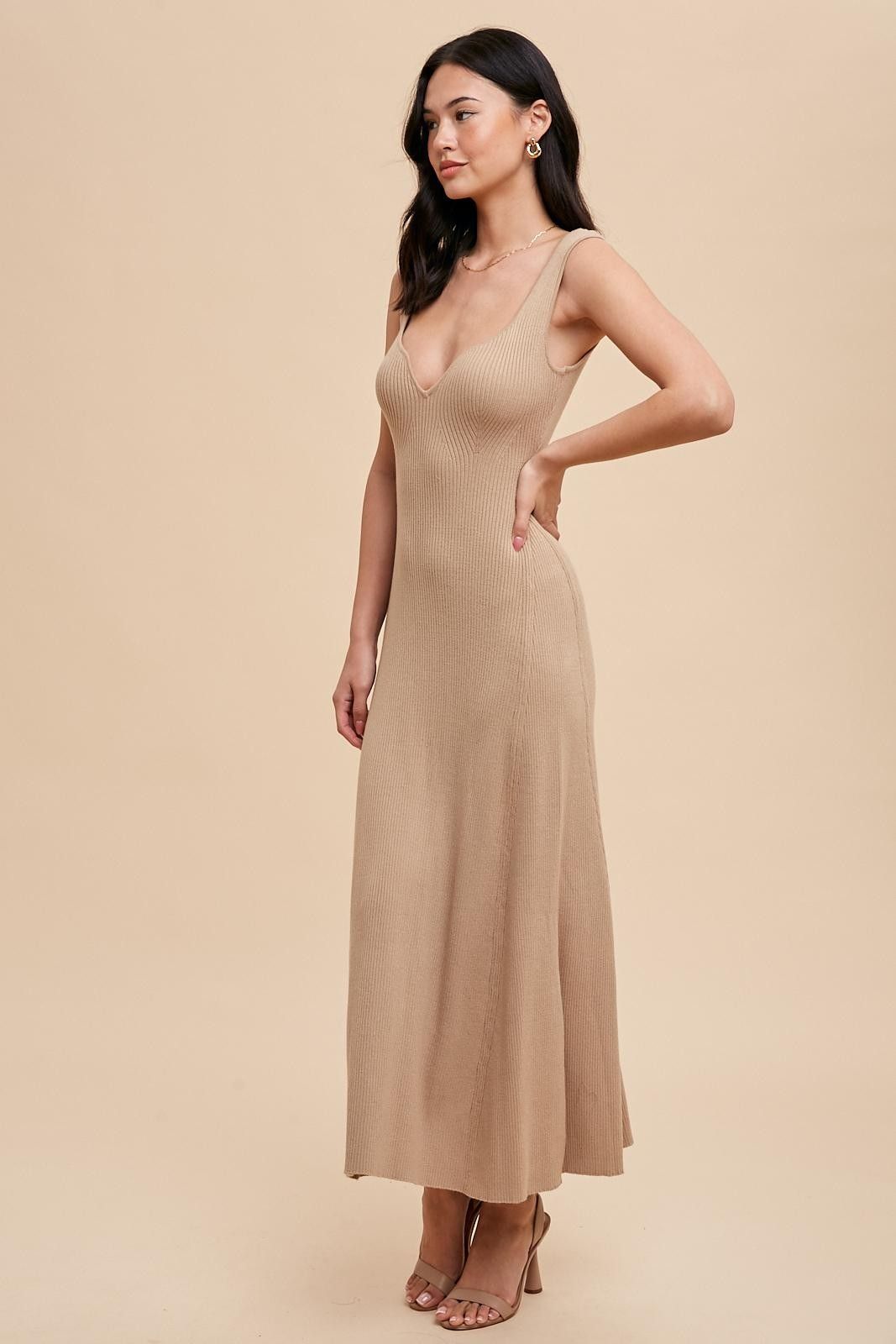 Beige Knit Deep V-Neck Maxi Dress sold by Pinkblush product image thumbnail 3