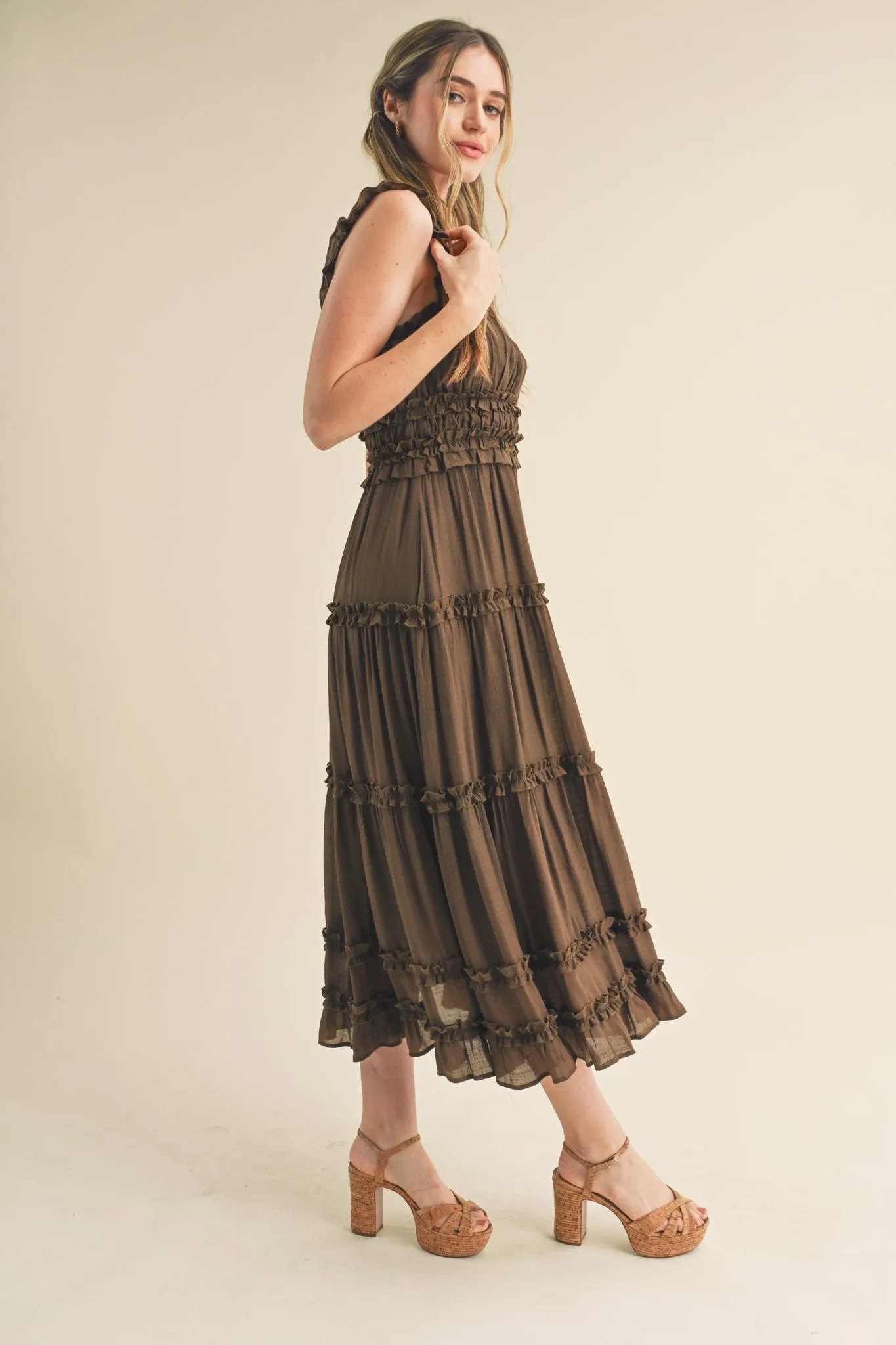Brown Ruffled Midi Dress sold by Pinkblush product image thumbnail 2