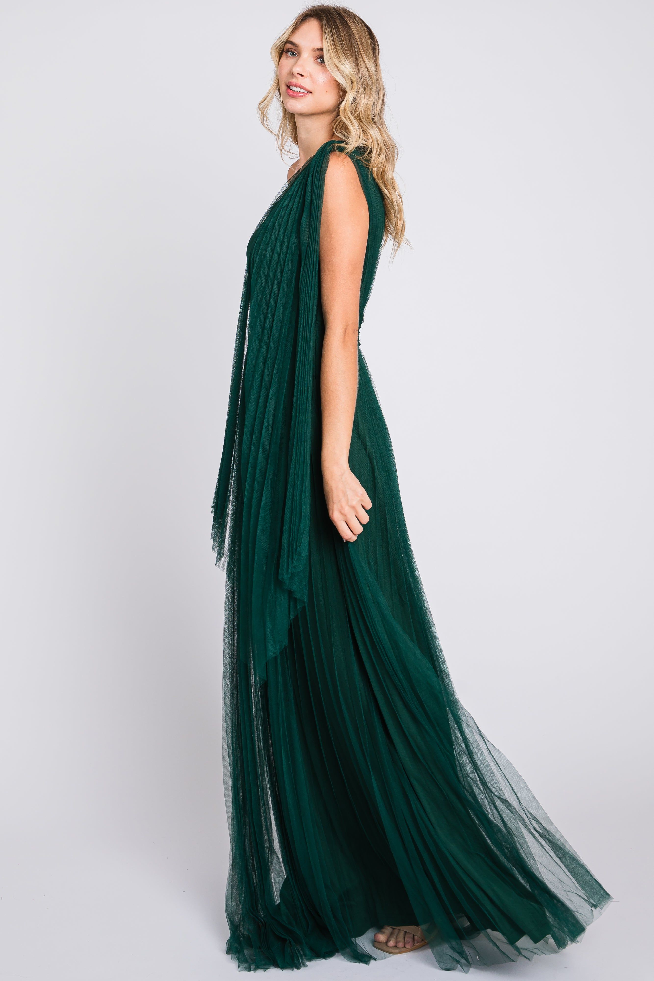 Forest Green One Shoulder Pleated Mesh Gown sold by Pinkblush product image thumbnail 2