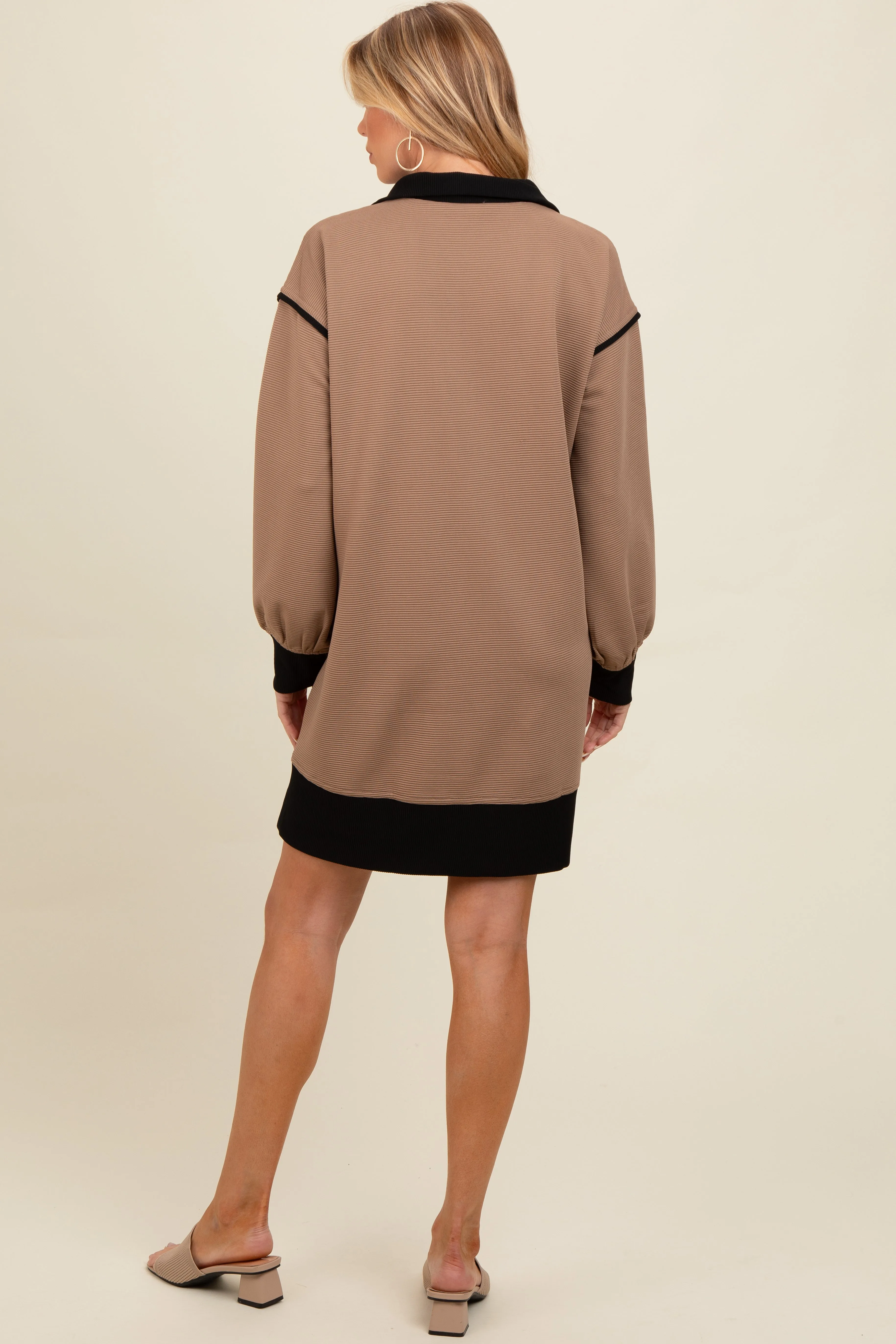 Mocha Contrast Trim Collared Zip Up Maternity Mini Dress sold by Pinkblush product image thumbnail 2