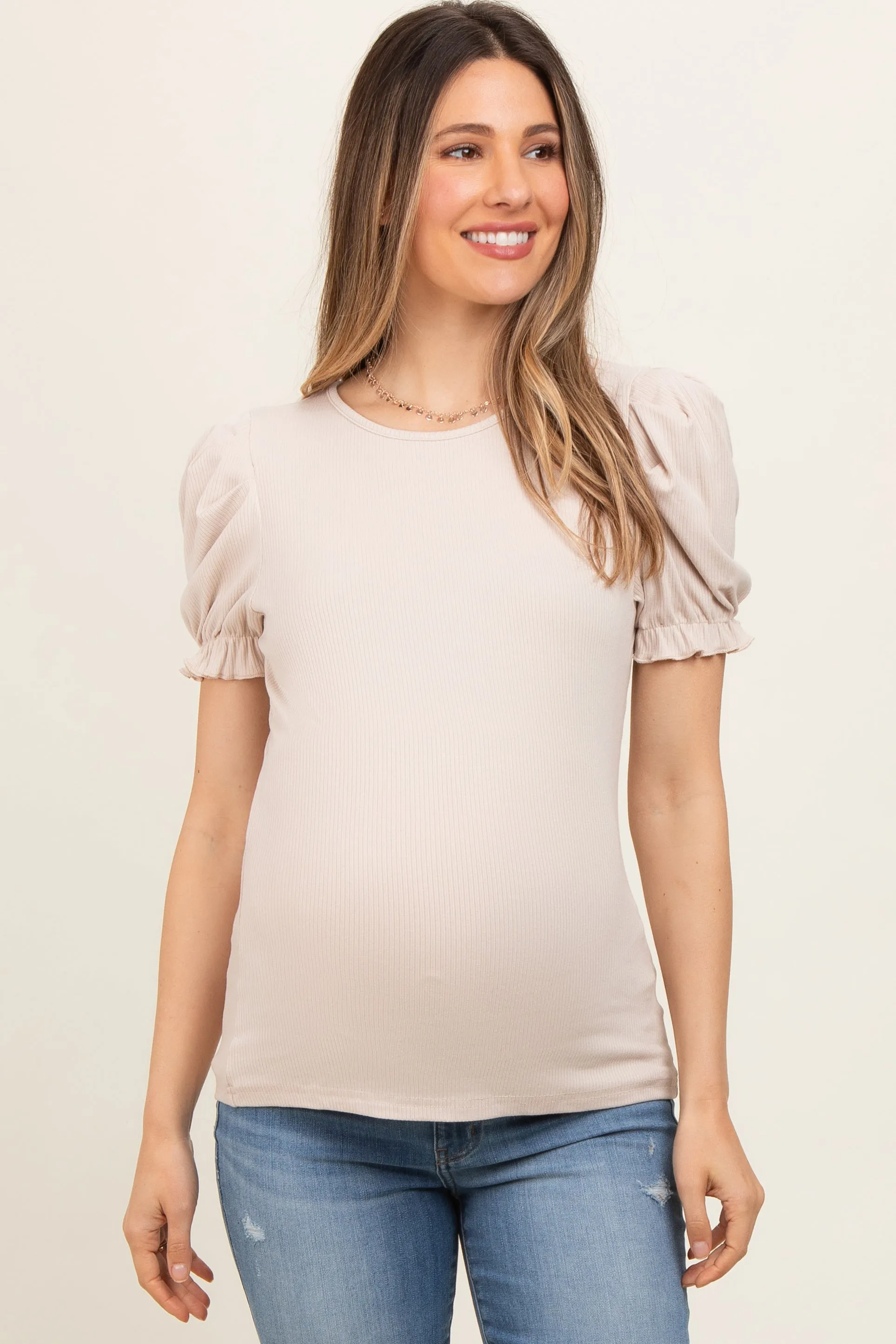 Beige Ribbed Puff Sleeve Maternity Top sold by Pinkblush