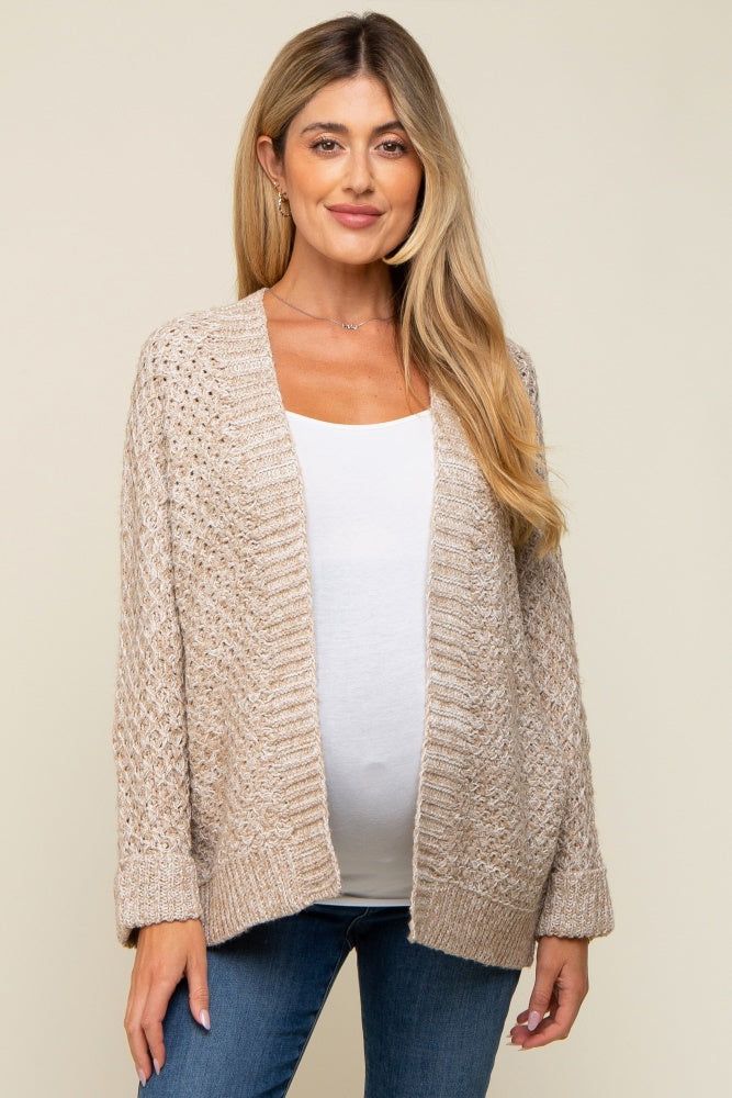 Beige Knit Cuffed Maternity Cardigan sold by Pinkblush