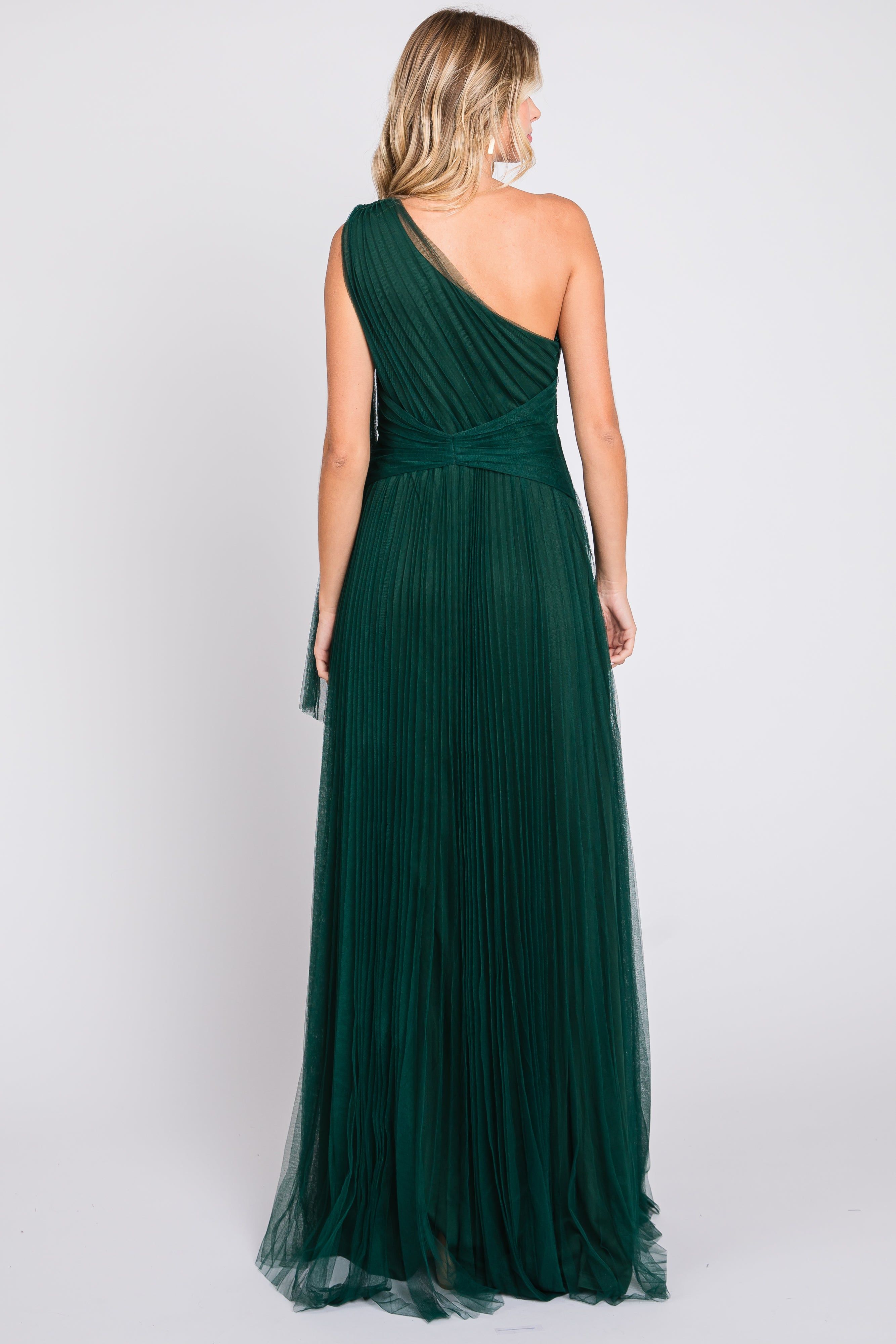 Forest Green One Shoulder Pleated Mesh Gown sold by Pinkblush product image thumbnail 3