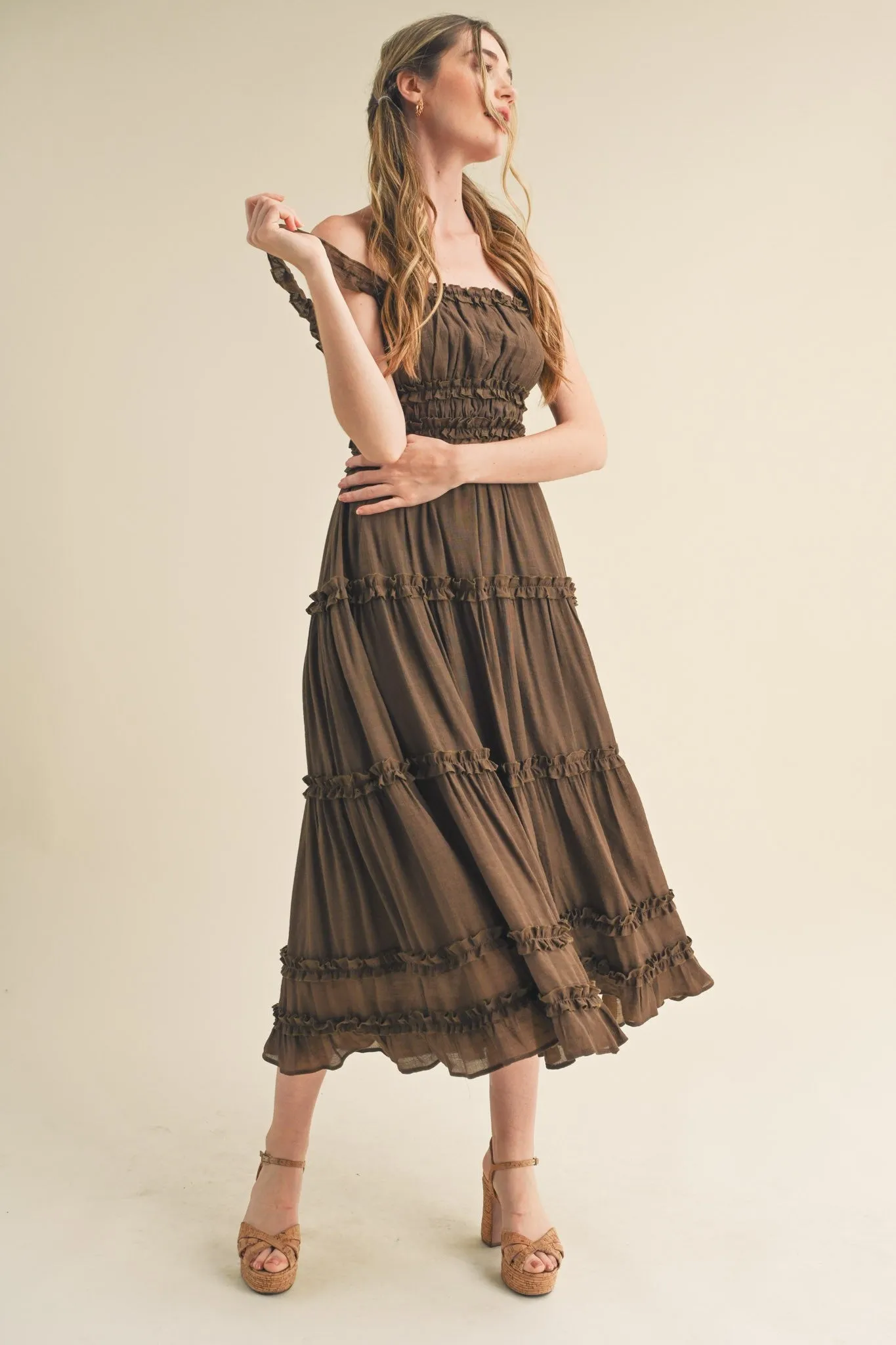 Brown Ruffled Midi Dress sold by Pinkblush
