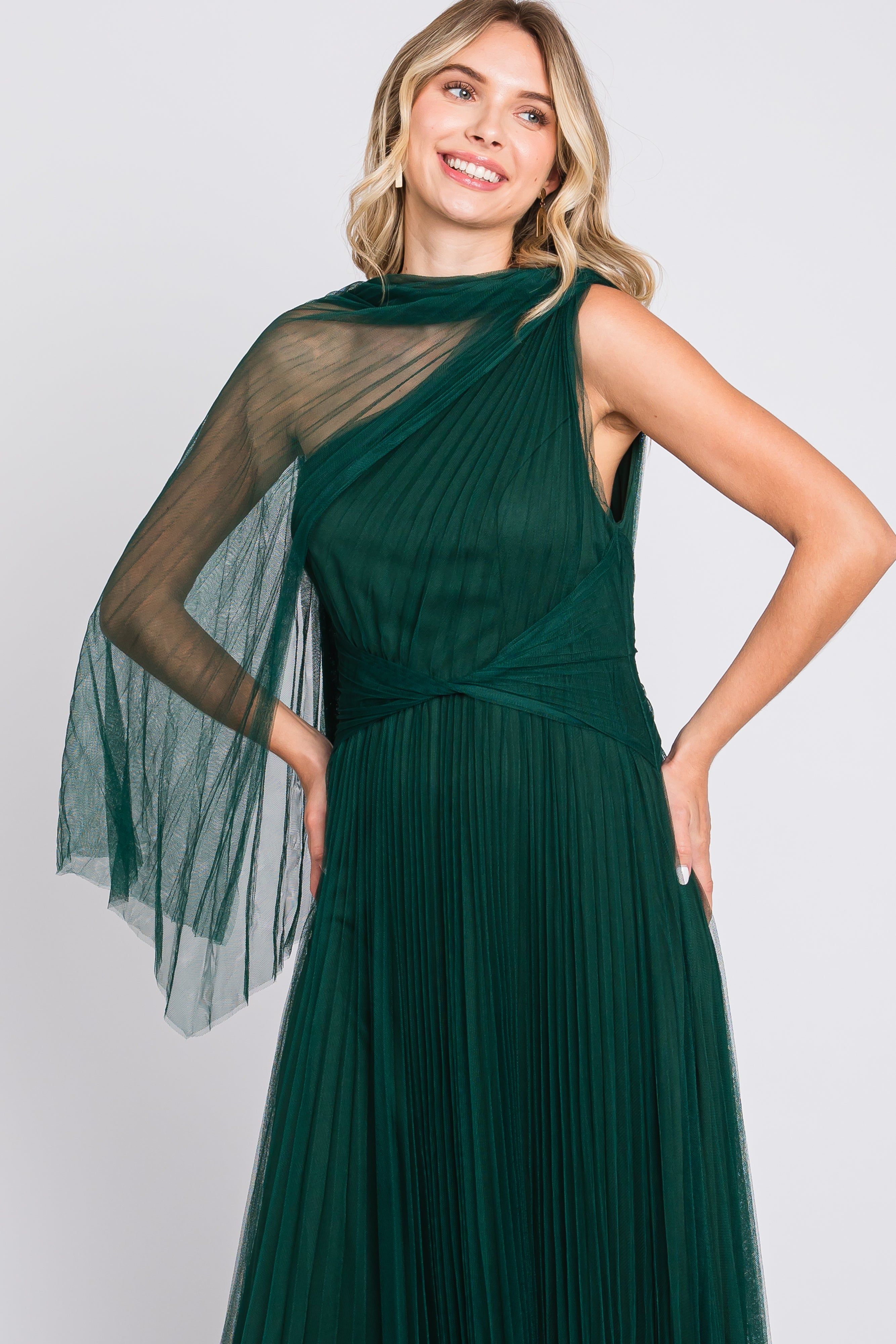 Forest Green One Shoulder Pleated Mesh Gown sold by Pinkblush product image thumbnail 4