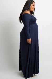 PinkBlush Navy Blue Solid Off Shoulder Maternity Plus Maxi Dress sold by Pinkblush