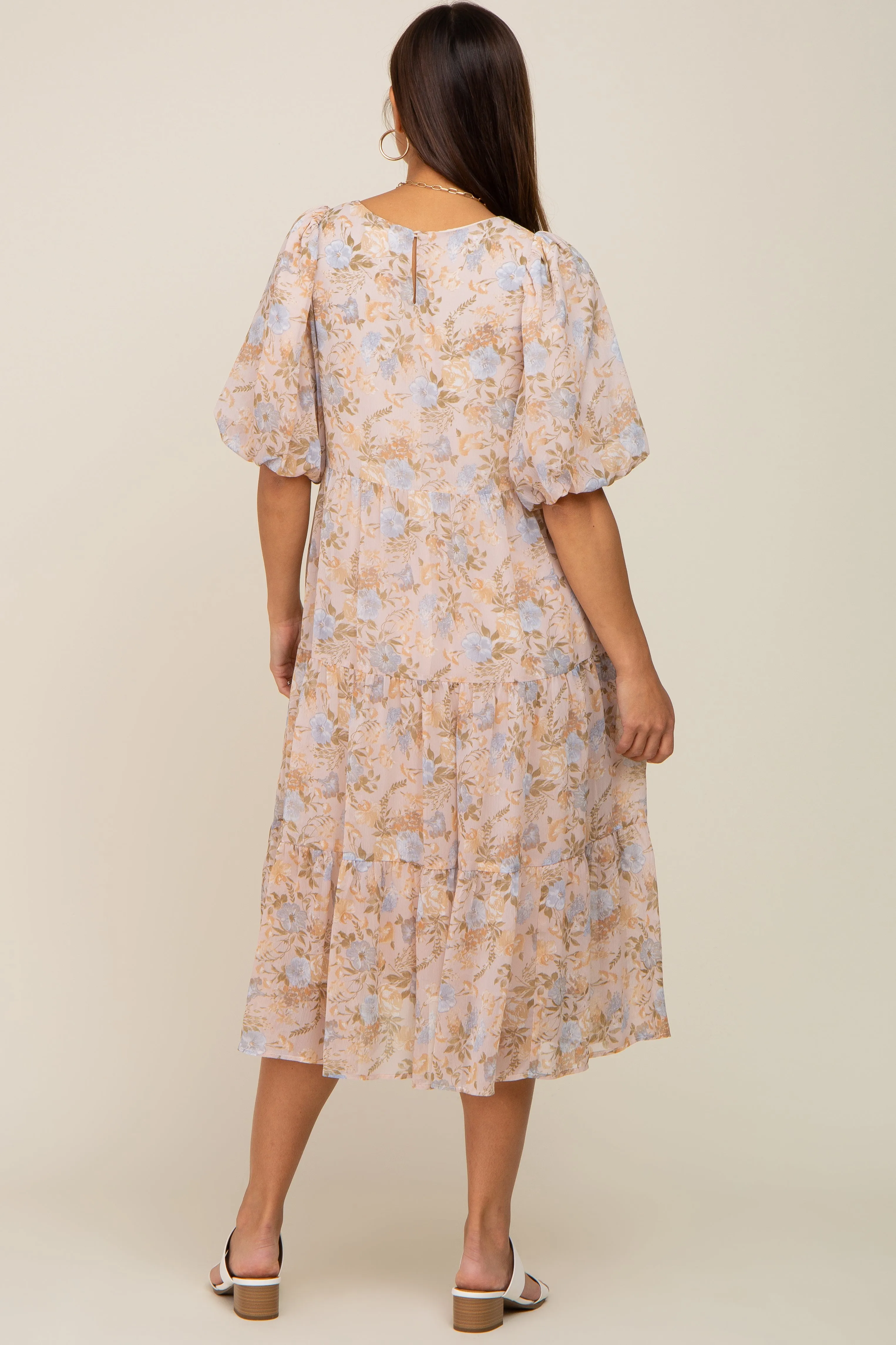 Beige Floral Chiffon Puff Short Sleeve Tiered Maternity Midi Dress sold by Pinkblush product image thumbnail 3
