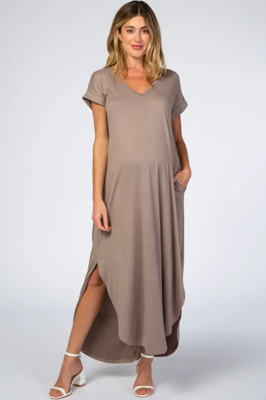 Taupe Side Slit Maternity Maxi Dress sold by Pinkblush