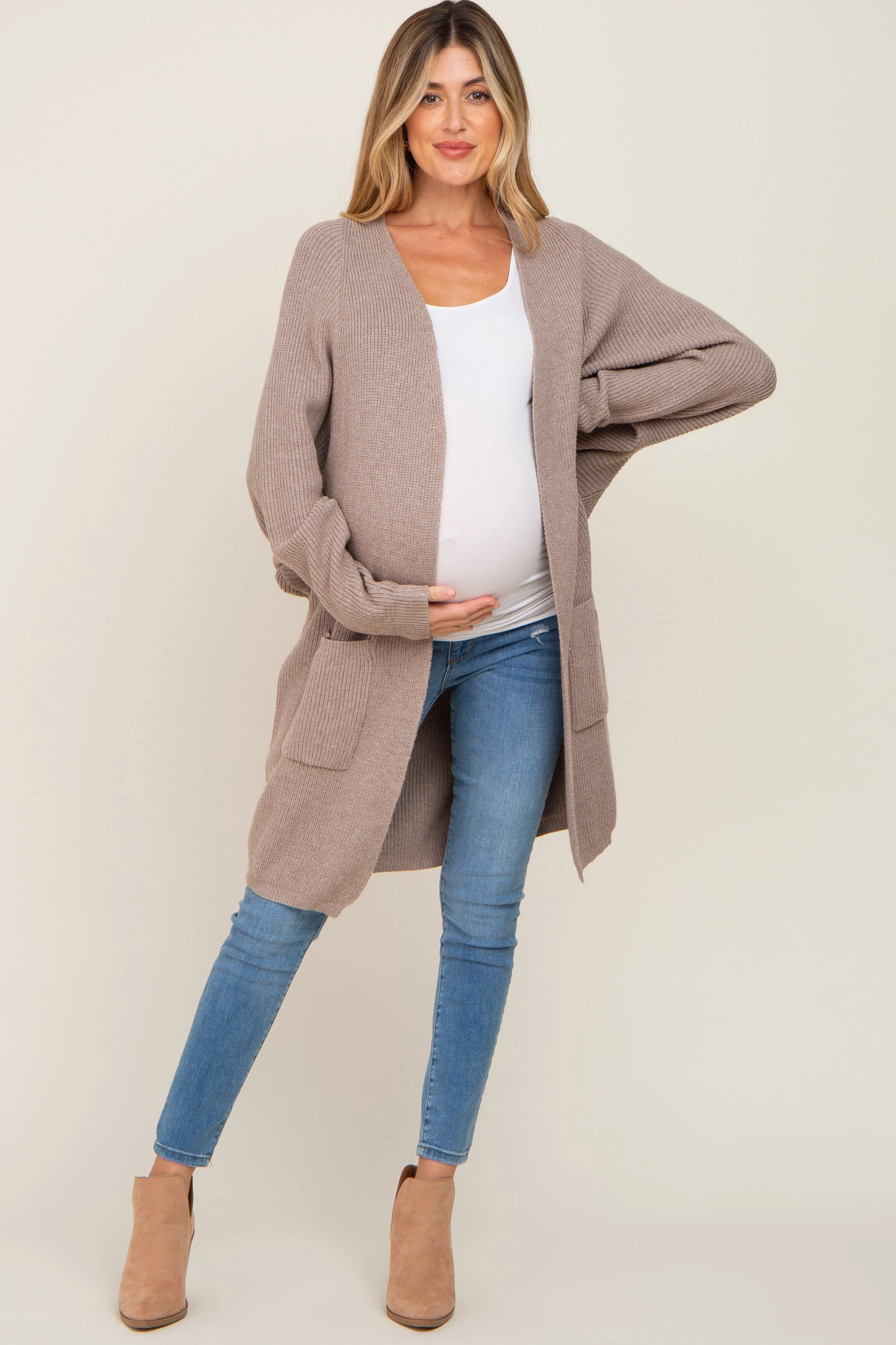 Taupe Pocketed Knit Maternity Cardigan sold by Pinkblush