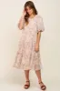 Beige Floral Chiffon Puff Short Sleeve Tiered Maternity Midi Dress sold by Pinkblush