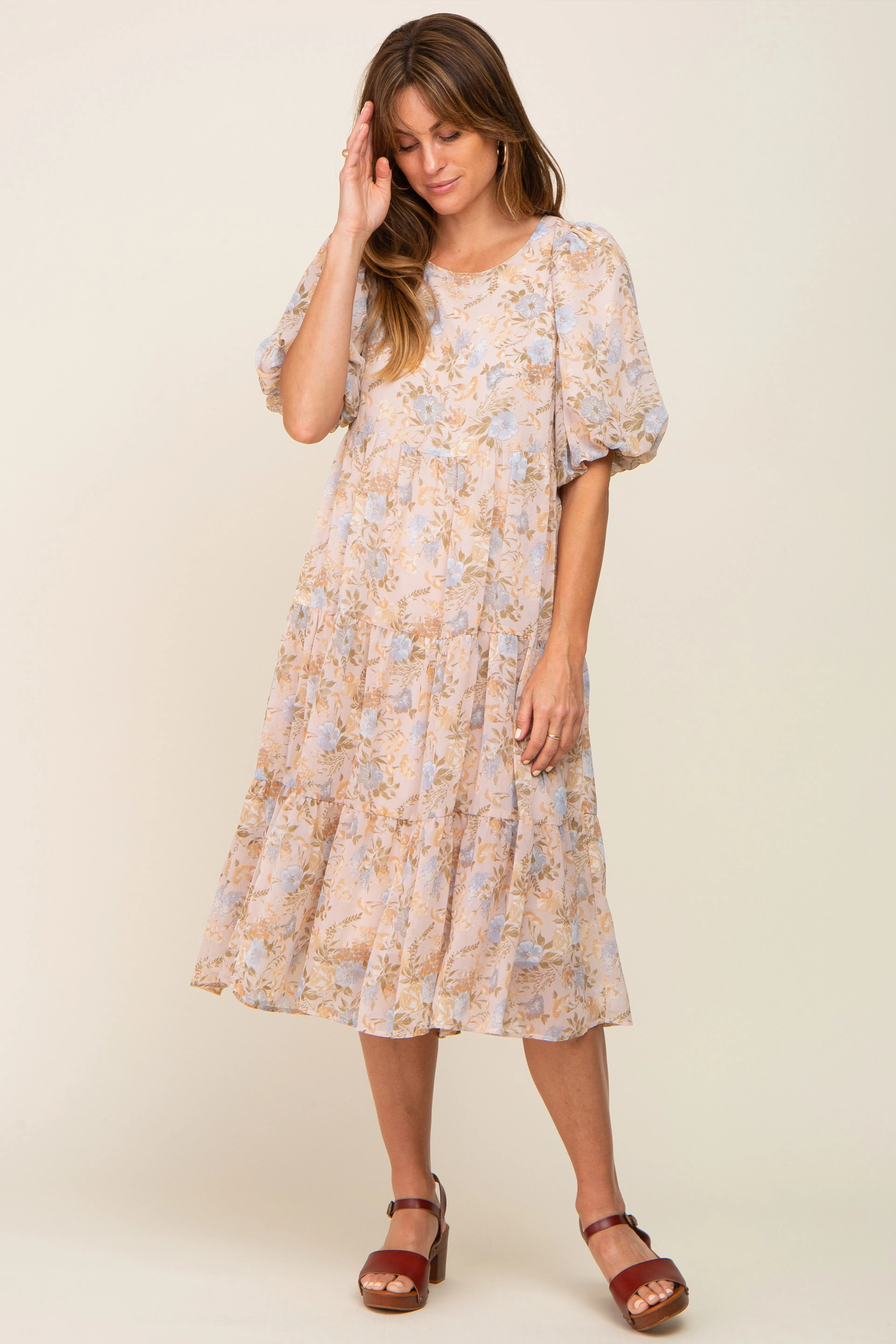 Beige Floral Chiffon Puff Short Sleeve Tiered Maternity Midi Dress sold by Pinkblush product image thumbnail 4