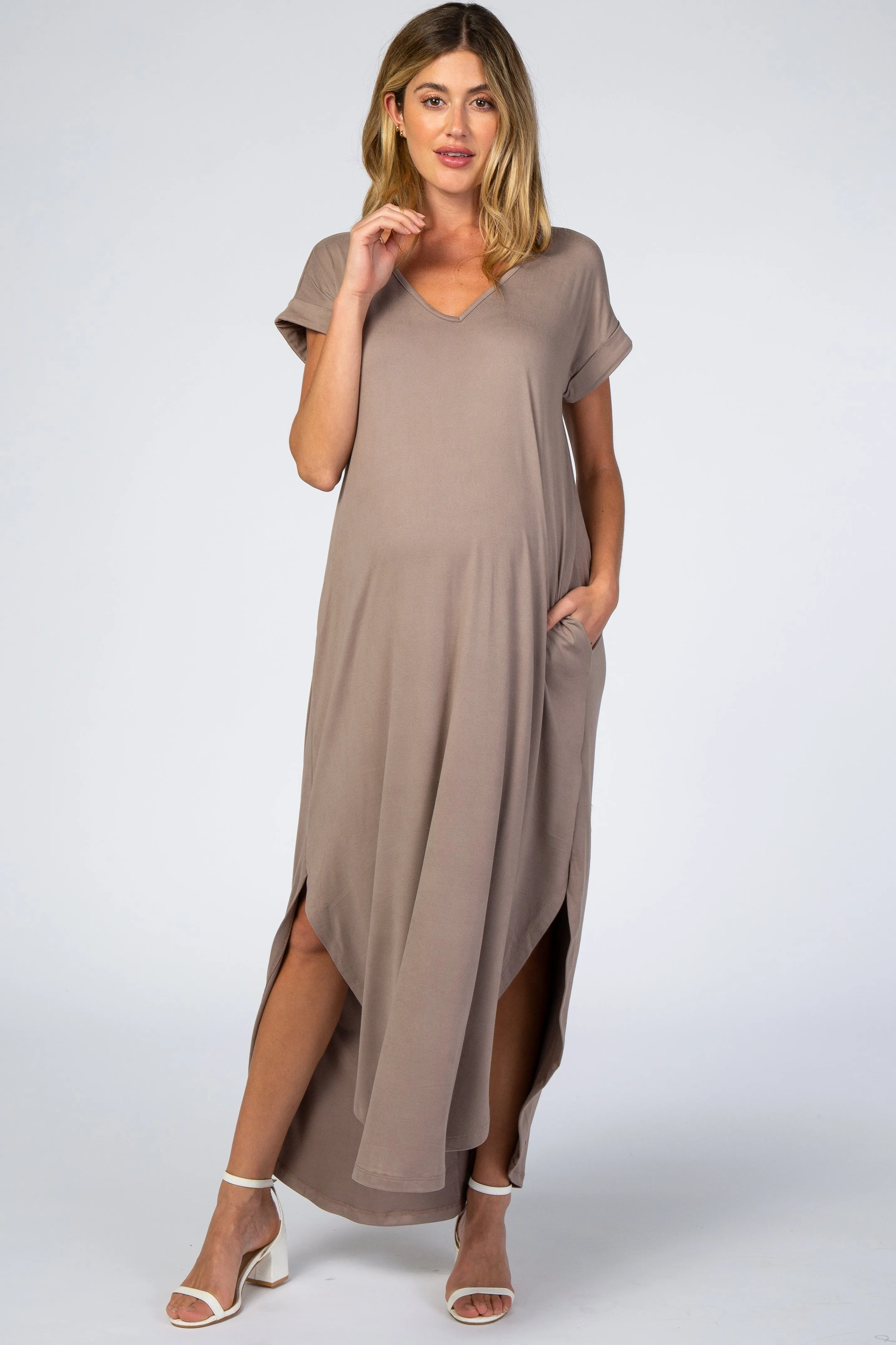Taupe Side Slit Maternity Maxi Dress sold by Pinkblush product image thumbnail 2
