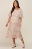 Beige Floral Chiffon Puff Short Sleeve Tiered Maternity Midi Dress sold by Pinkblush