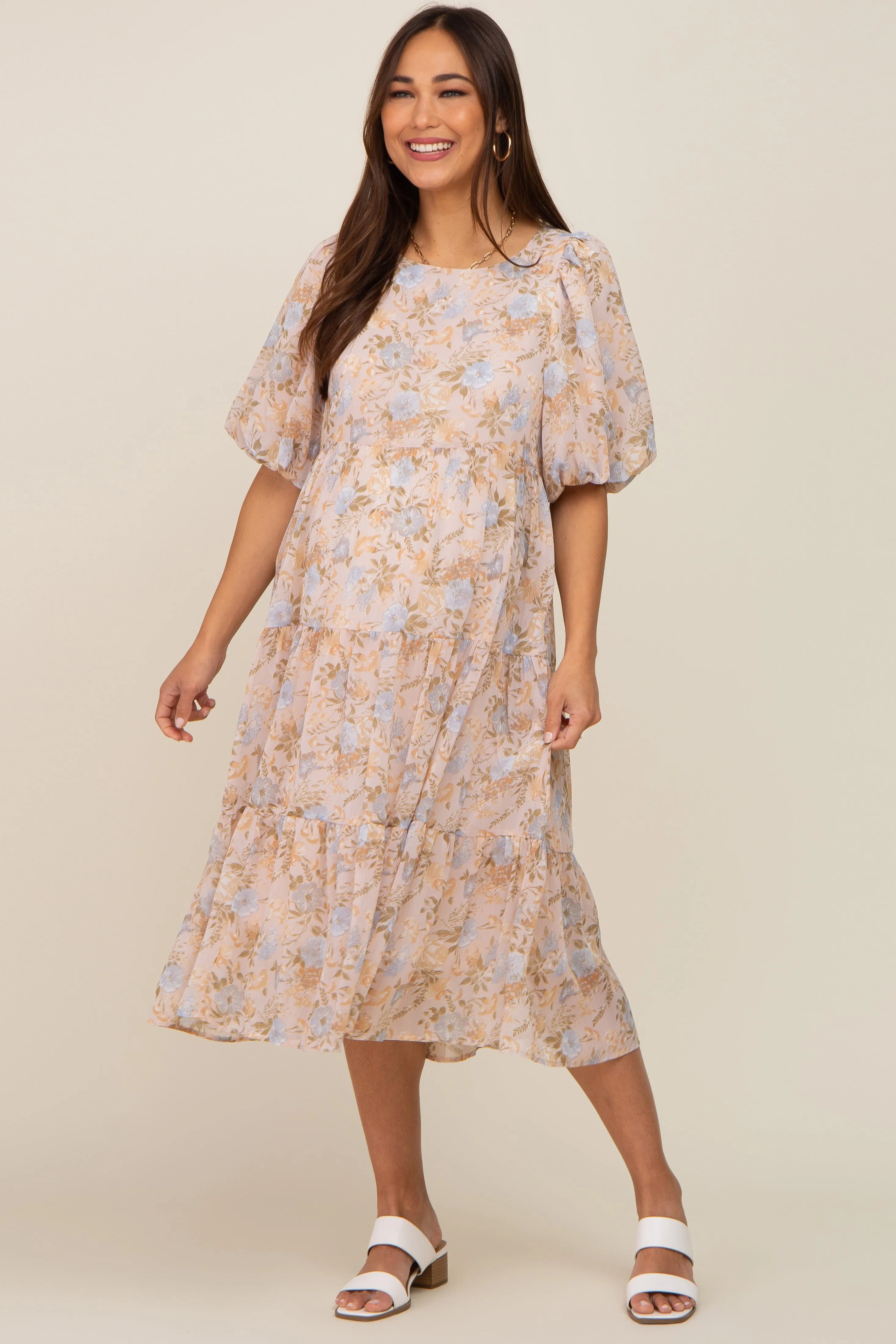 Beige Floral Chiffon Puff Short Sleeve Tiered Maternity Midi Dress sold by Pinkblush