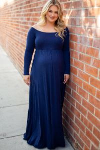 PinkBlush Navy Blue Solid Off Shoulder Maternity Plus Maxi Dress sold by Pinkblush