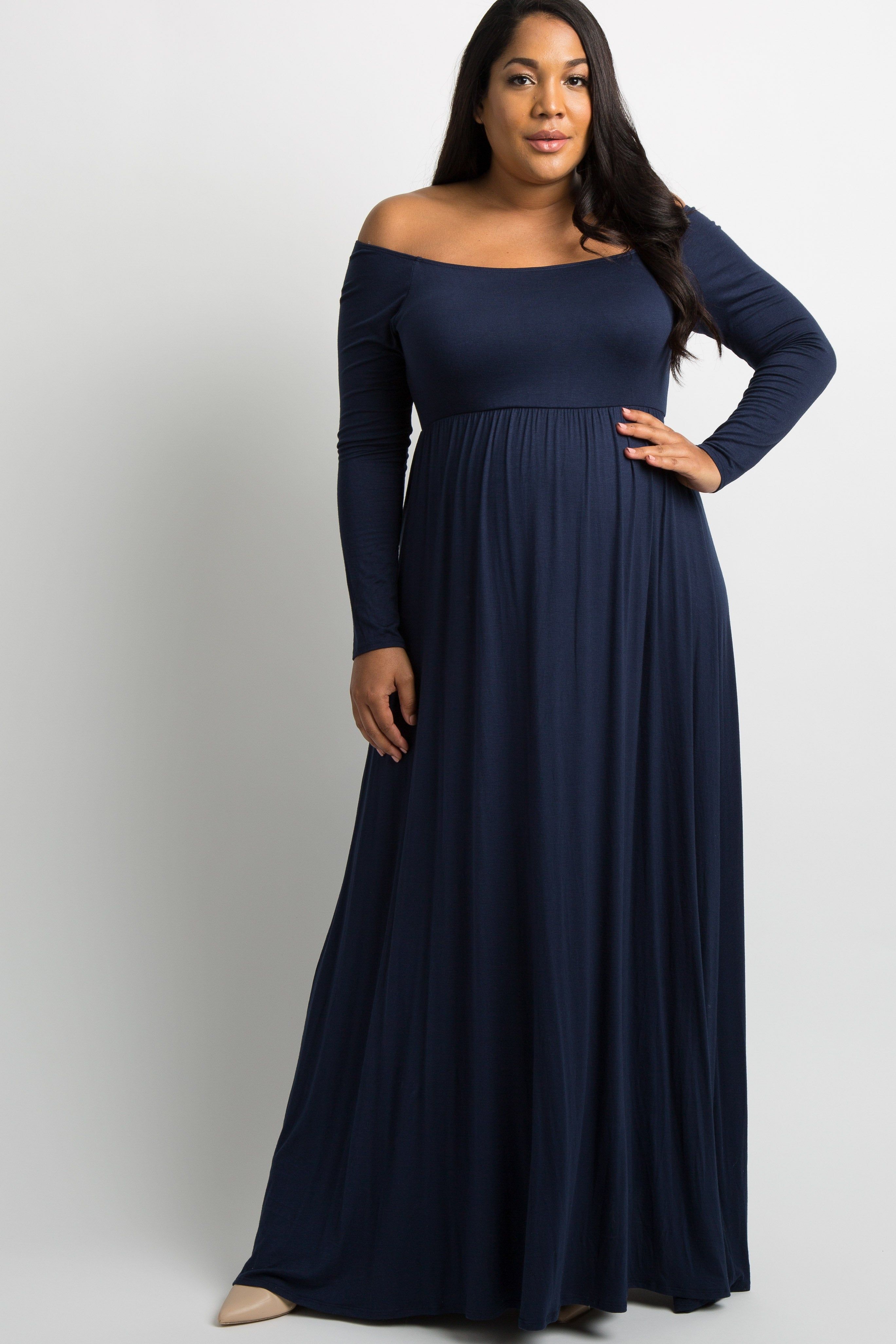 PinkBlush Navy Blue Solid Off Shoulder Maternity Plus Maxi Dress sold by Pinkblush