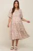 Beige Floral Chiffon Puff Short Sleeve Tiered Maternity Midi Dress sold by Pinkblush