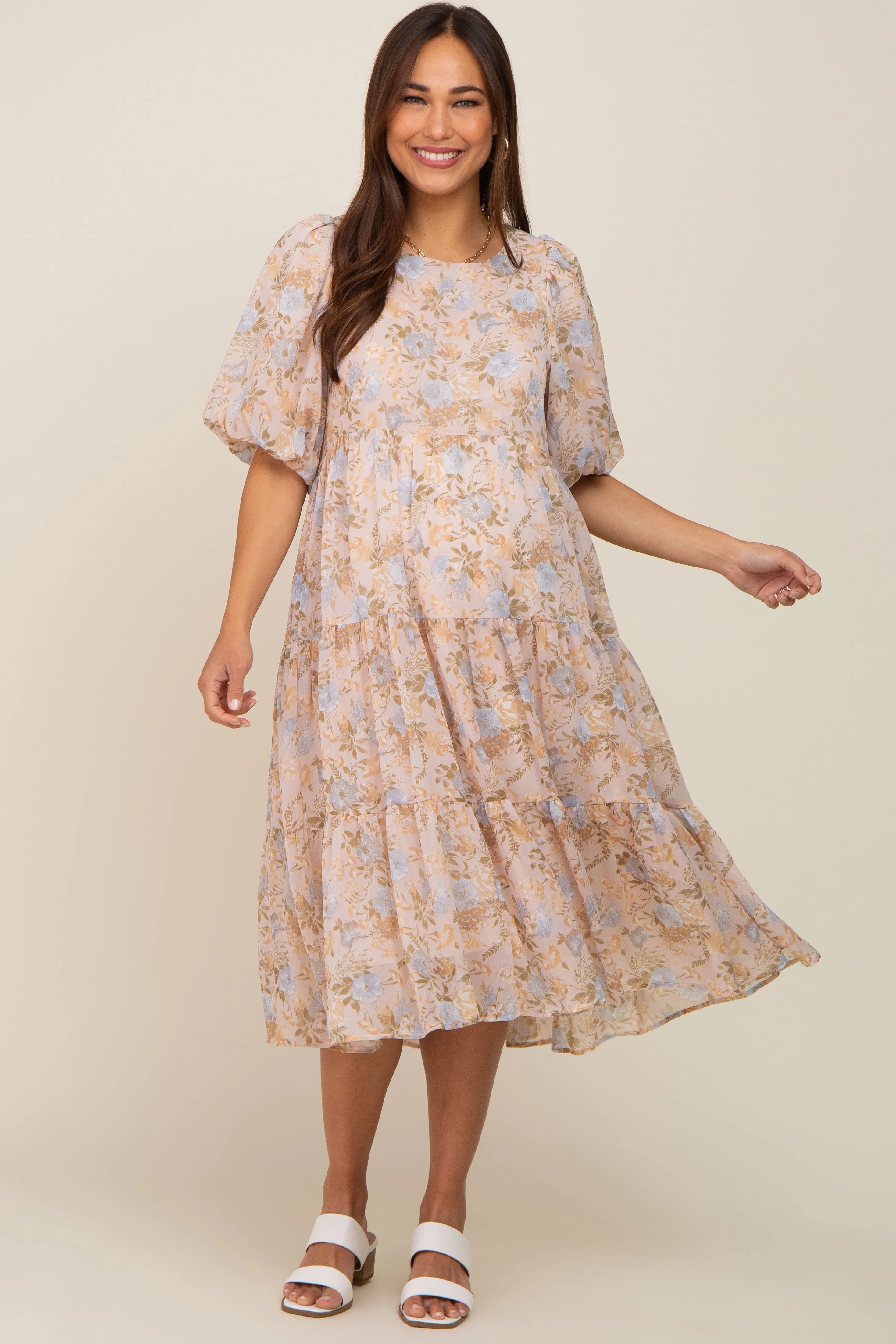 Beige Floral Chiffon Puff Short Sleeve Tiered Maternity Midi Dress sold by Pinkblush product image thumbnail 2