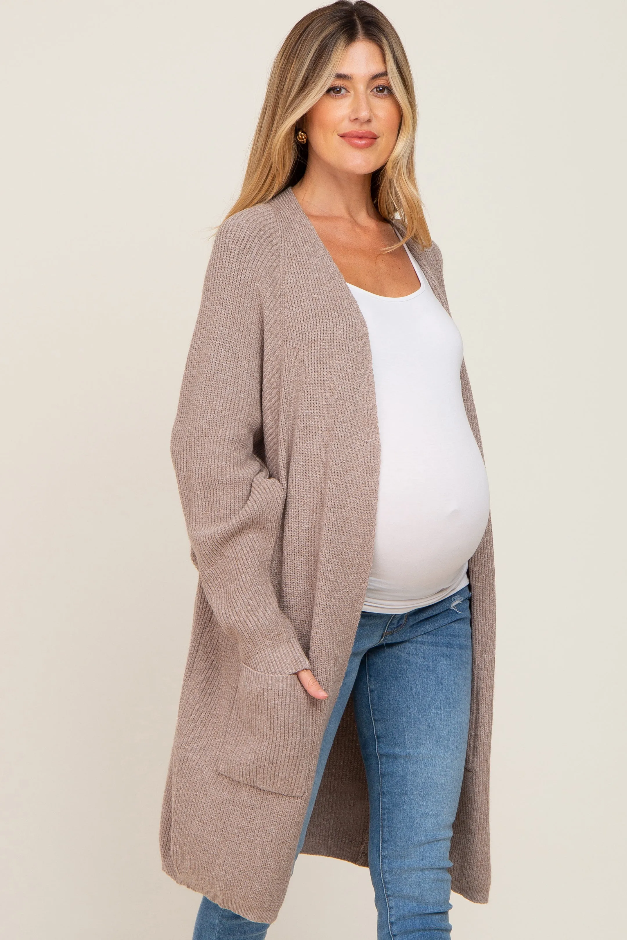Taupe Pocketed Knit Maternity Cardigan sold by Pinkblush product image thumbnail 3