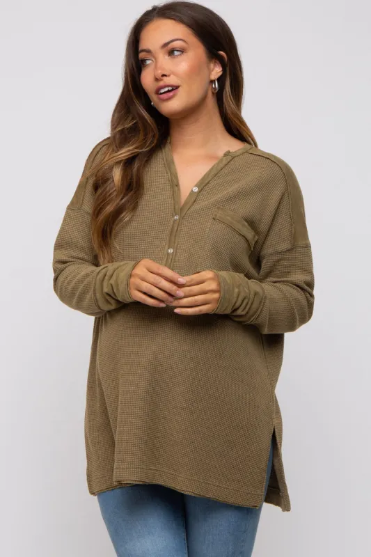 Olive Colorblock Waffle Knit Henley Maternity Top sold by Pinkblush