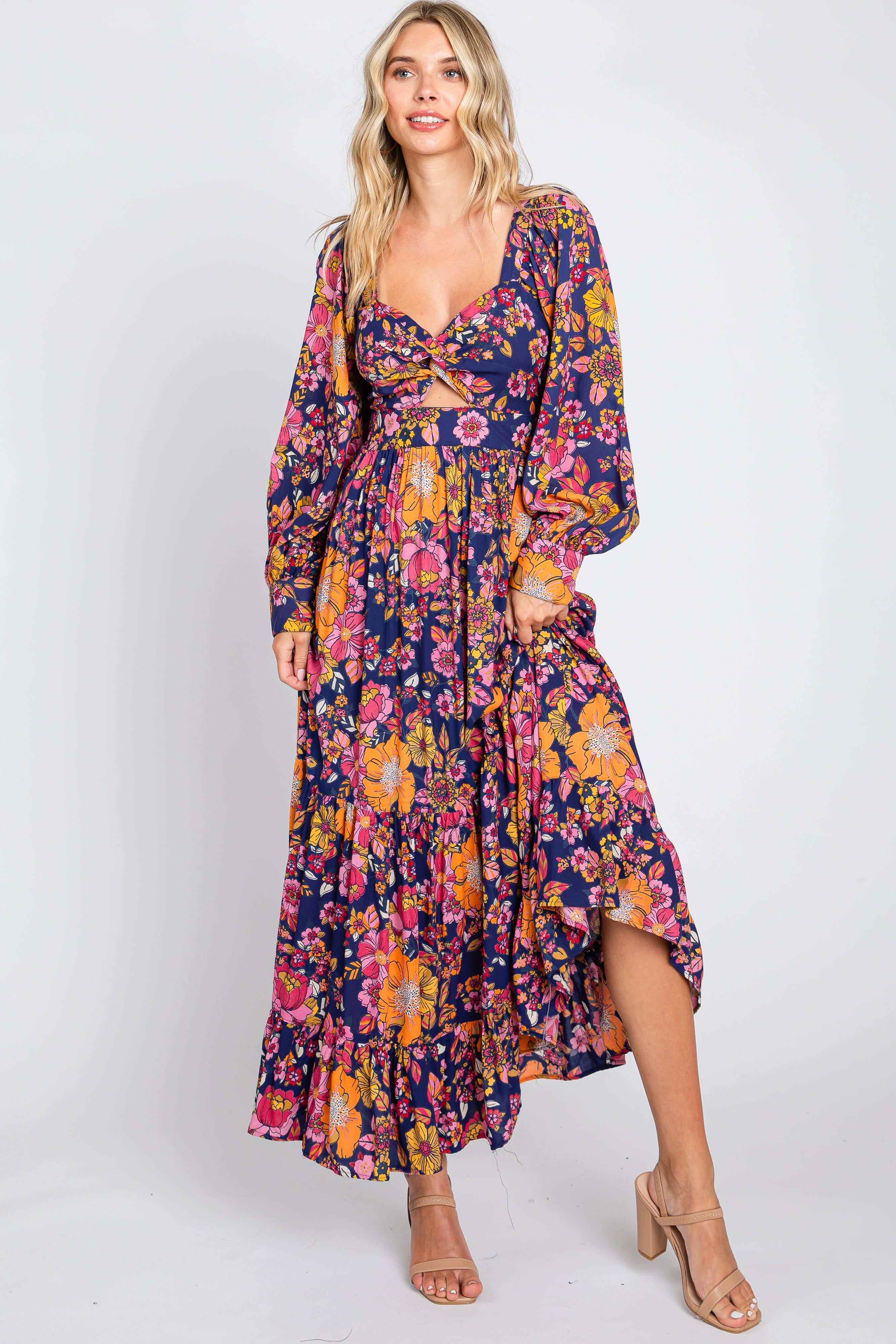 Navy Blue Floral Knot Front Twist Cutout Long Sleeve Maxi Dress sold by Pinkblush product image thumbnail 5