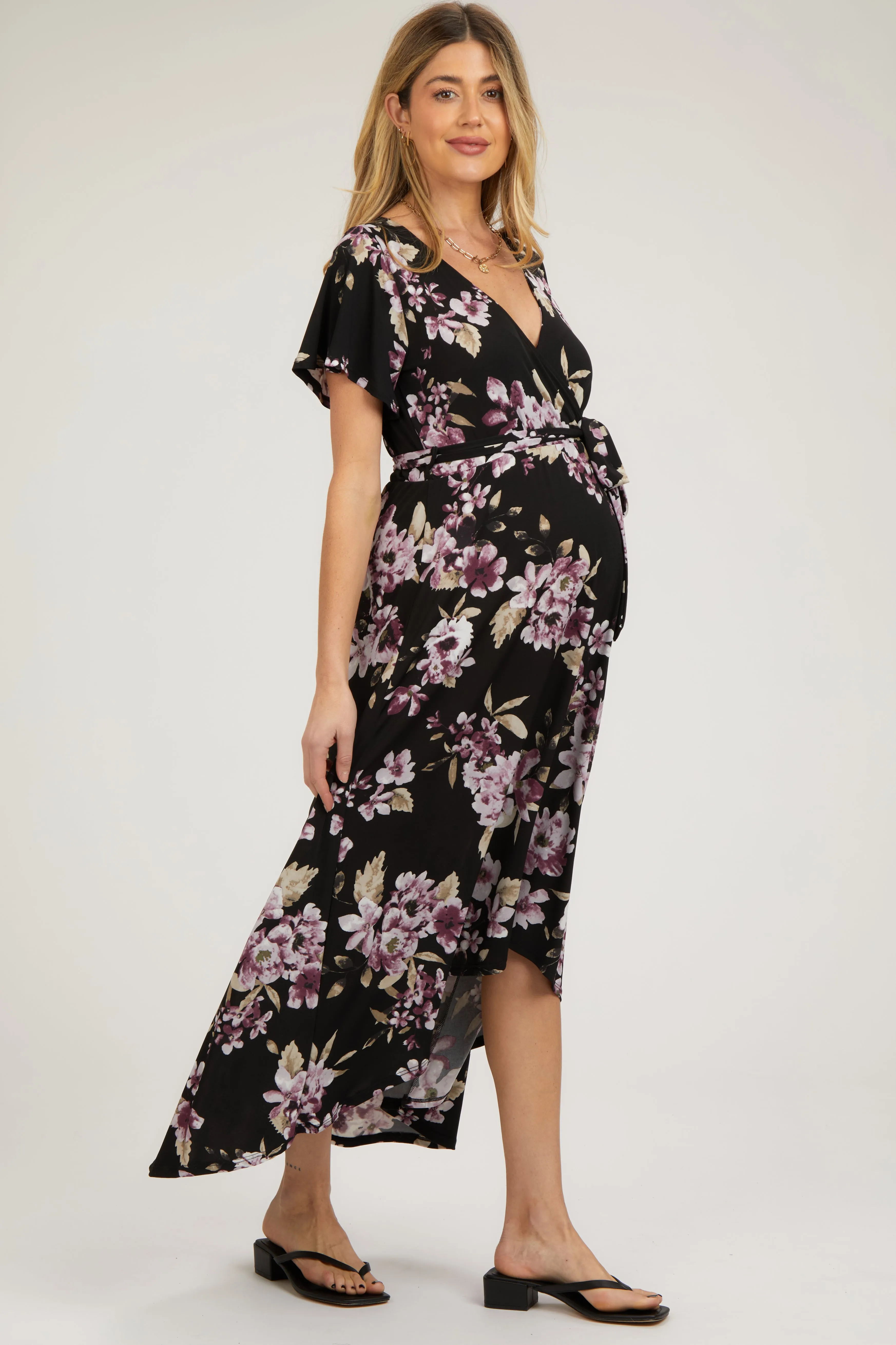 Black Floral Print Wrap Front V-Neck Hi-Low Maternity Midi Dress sold by Pinkblush product image thumbnail 2