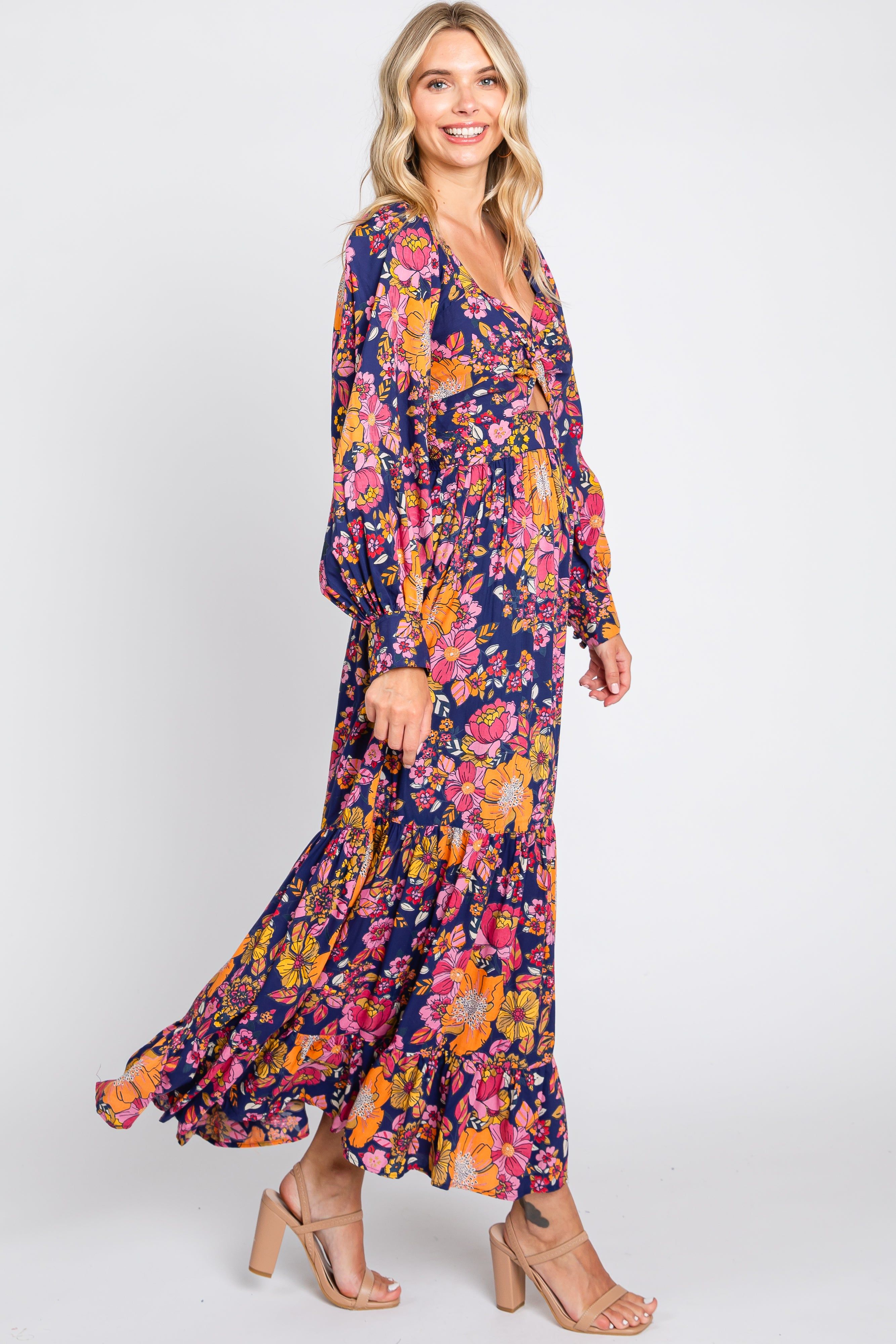Navy Blue Floral Knot Front Twist Cutout Long Sleeve Maxi Dress sold by Pinkblush product image thumbnail 2