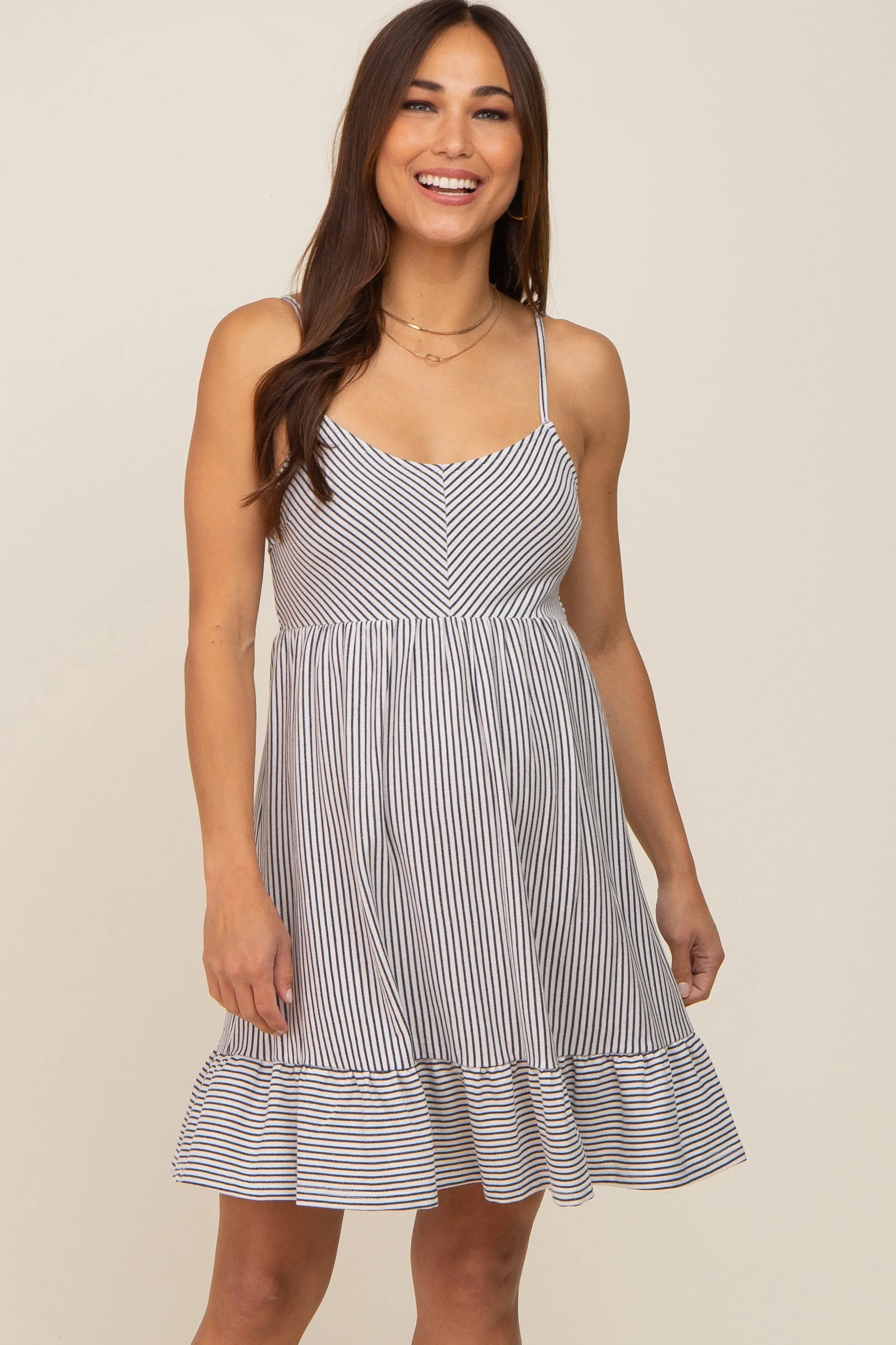 Navy Striped Gathered Tier Maternity Dress sold by Pinkblush