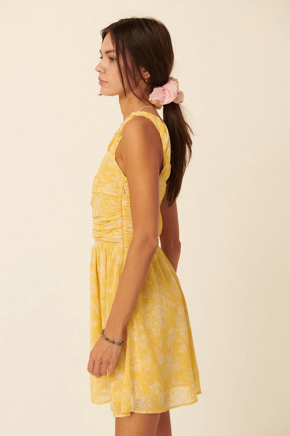 Yellow Floral Swiss Dot Chiffon One Shoulder Mini Dress sold by Pinkblush product image thumbnail 2