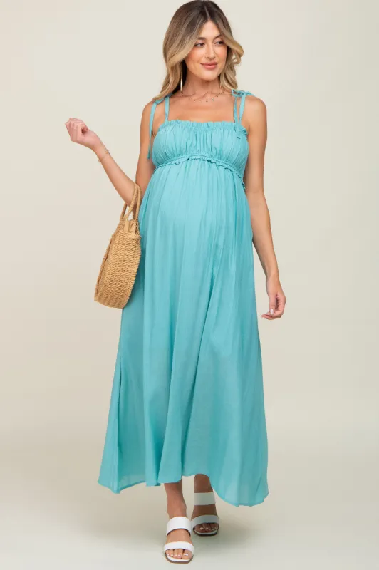Turquoise Sleeveless Ruffle Trim Maternity Maxi Dress sold by Pinkblush