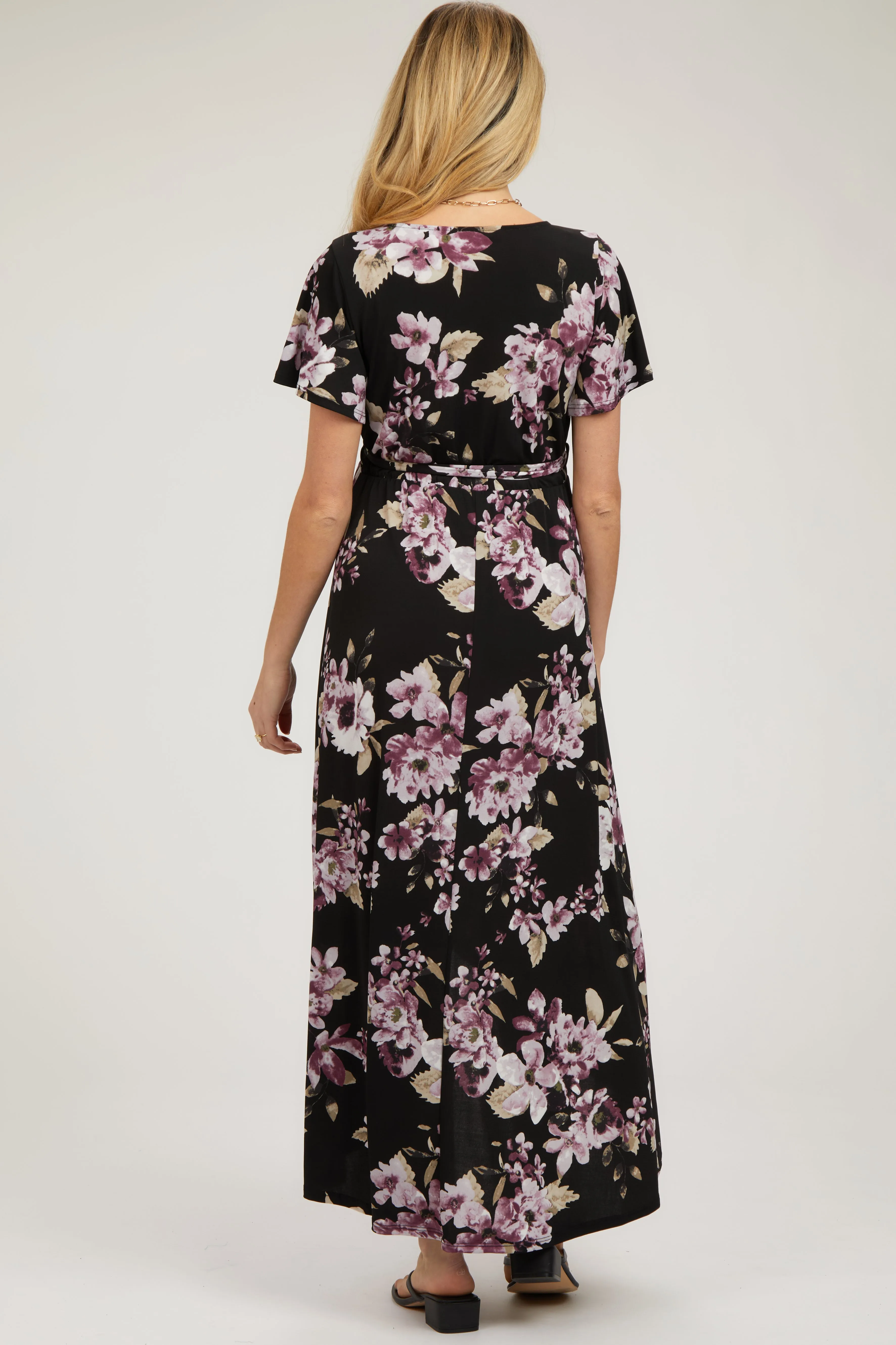 Black Floral Print Wrap Front V-Neck Hi-Low Maternity Midi Dress sold by Pinkblush product image thumbnail 3