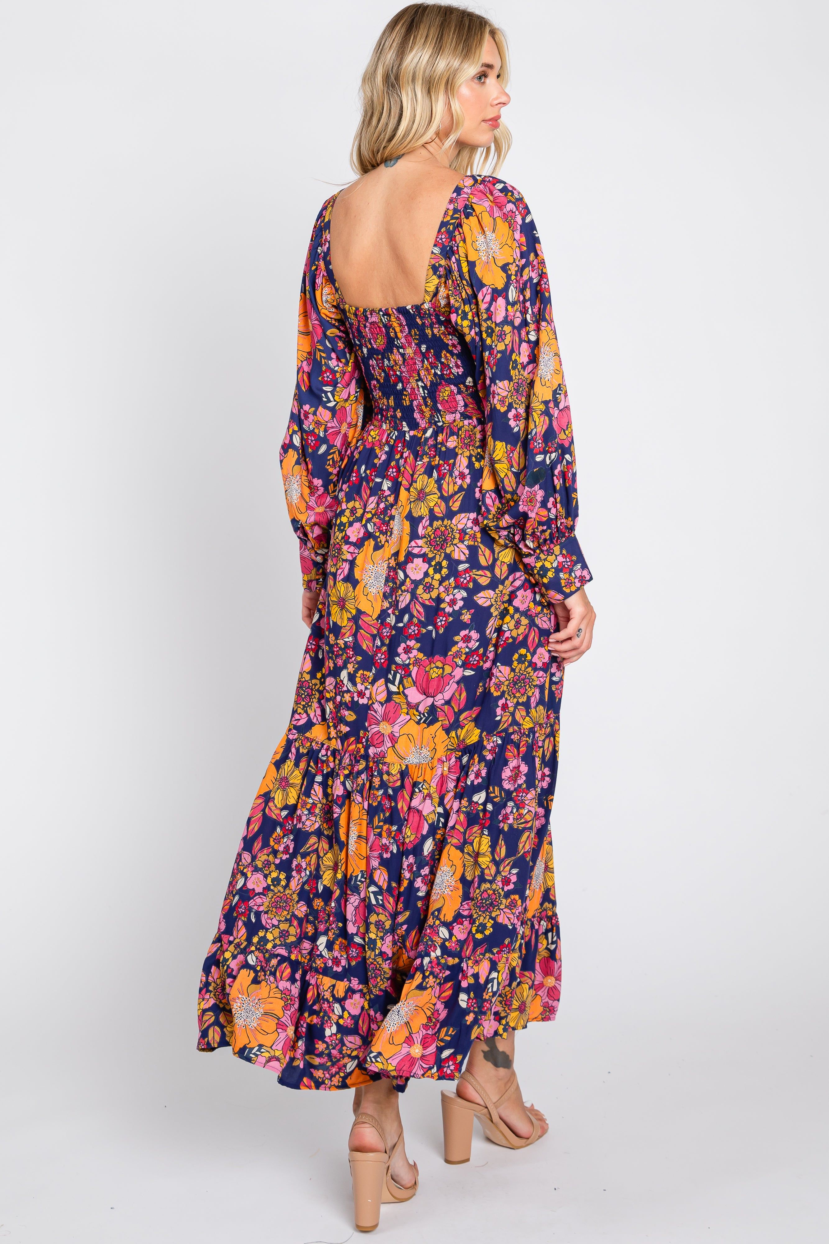 Navy Blue Floral Knot Front Twist Cutout Long Sleeve Maxi Dress sold by Pinkblush product image thumbnail 3
