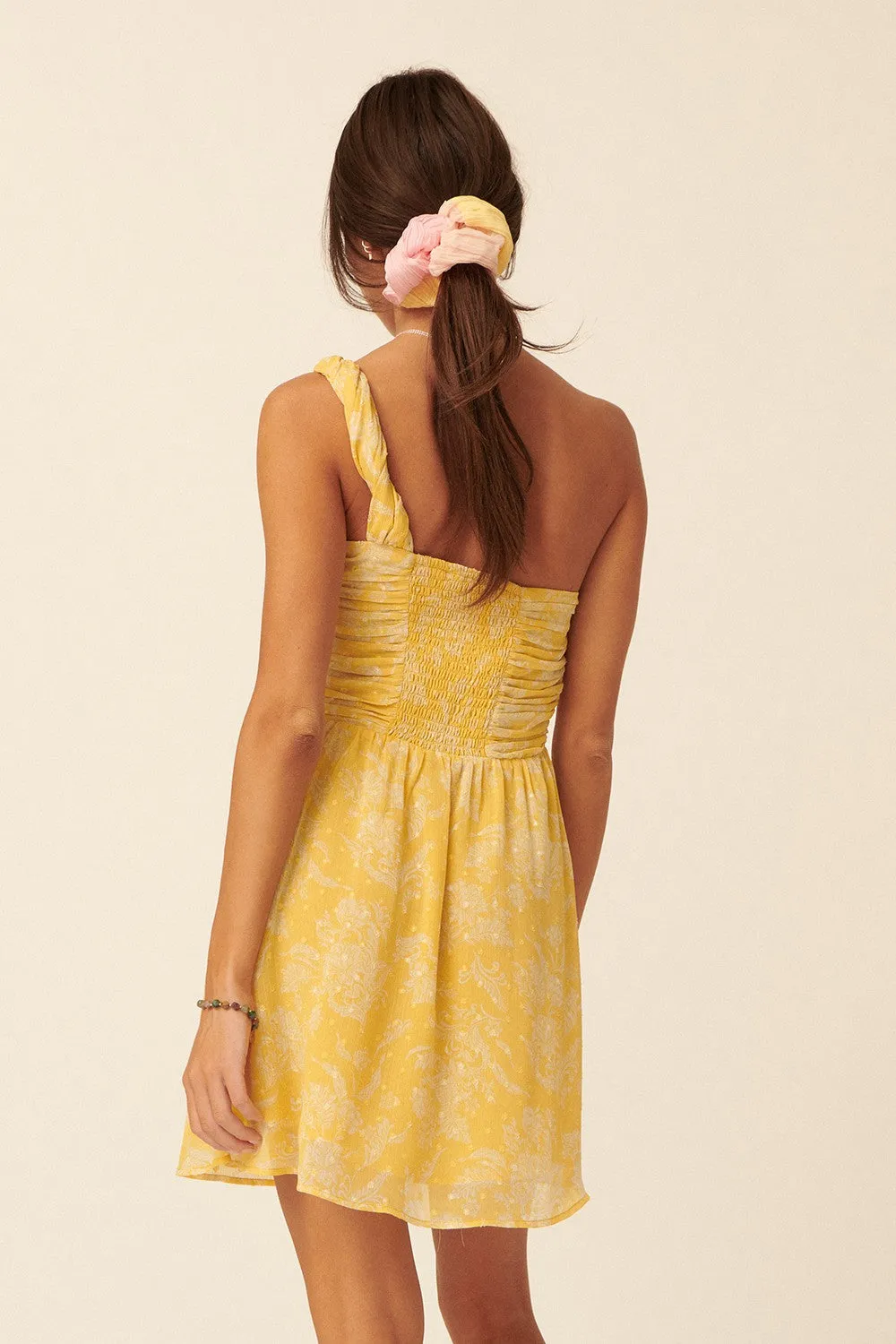 Yellow Floral Swiss Dot Chiffon One Shoulder Mini Dress sold by Pinkblush product image thumbnail 3