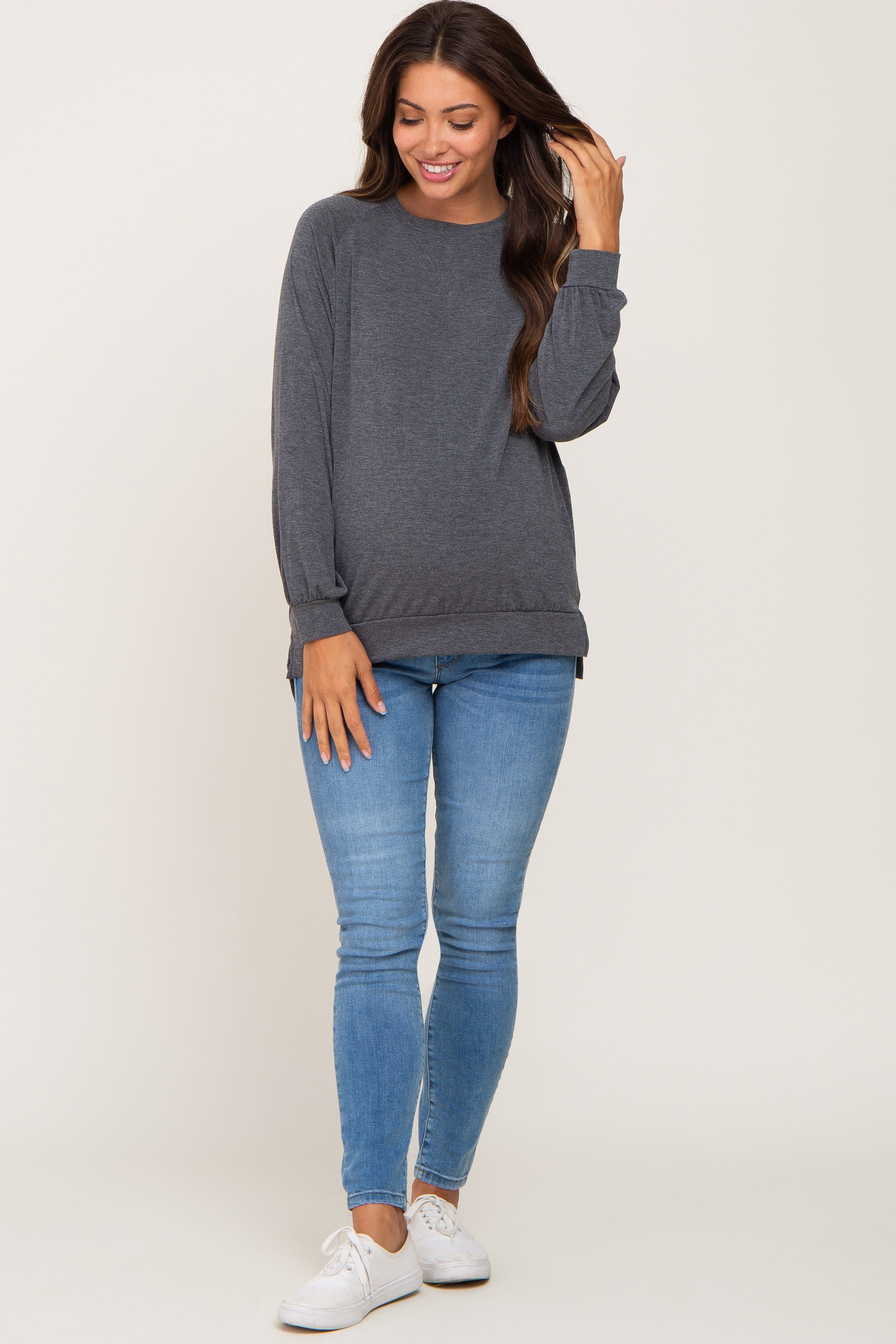 Charcoal Hi-Low Side Slit Long Sleeve Maternity Top sold by Pinkblush product image thumbnail 4