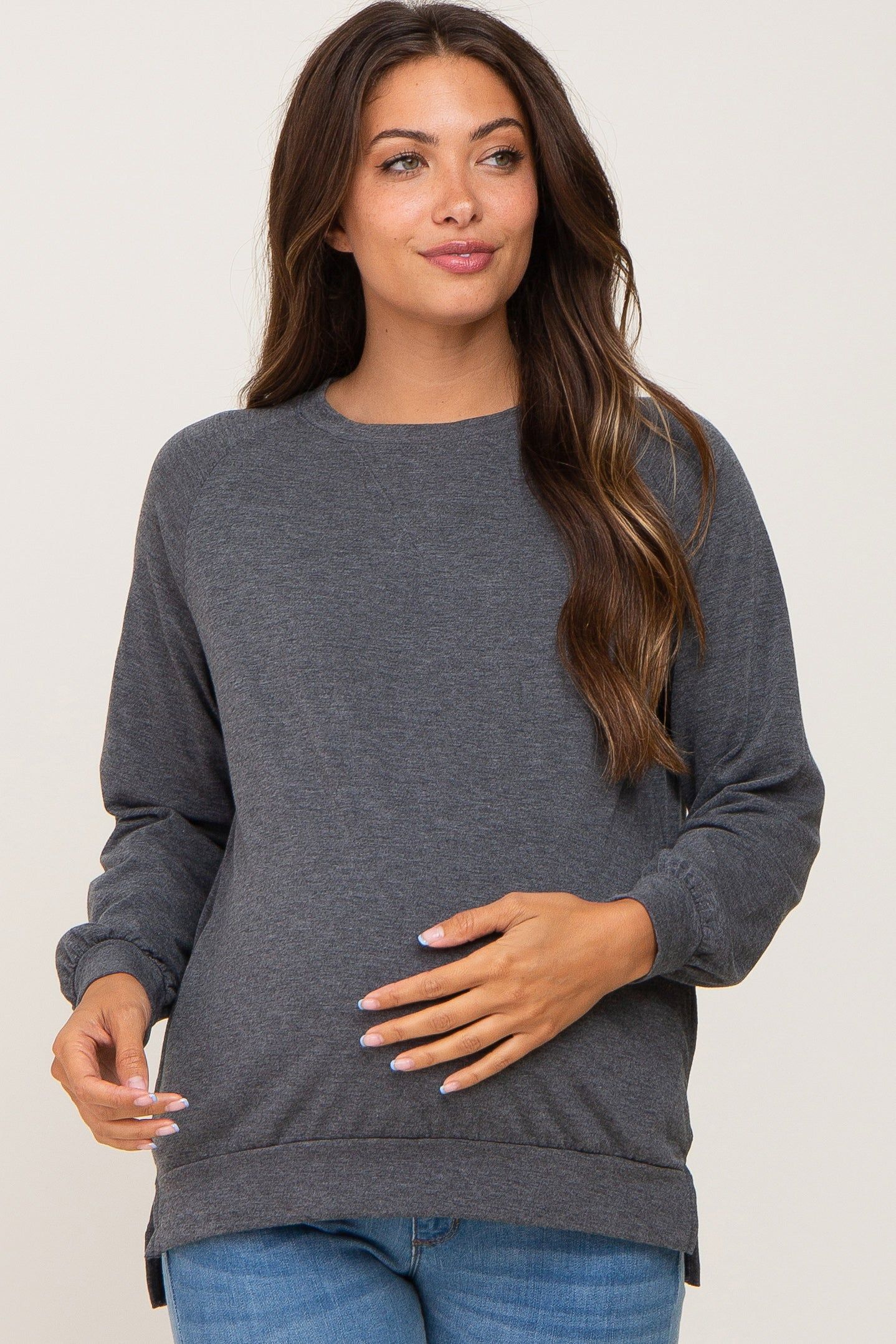 Charcoal Hi-Low Side Slit Long Sleeve Maternity Top sold by Pinkblush