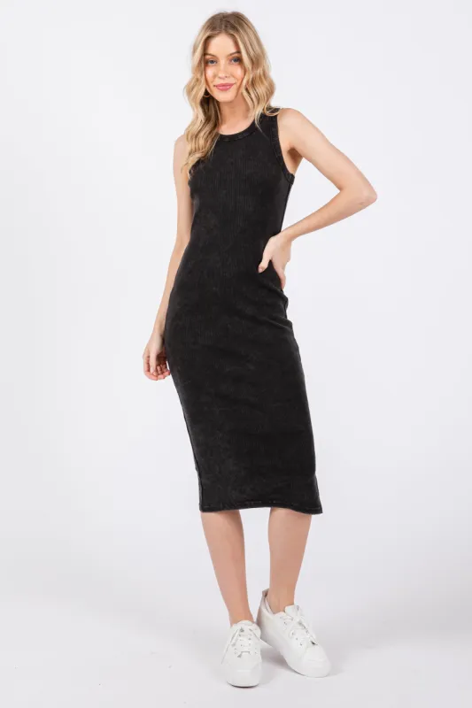 Black Acid Wash Ribbed Sleeveless Midi Dress sold by Pinkblush