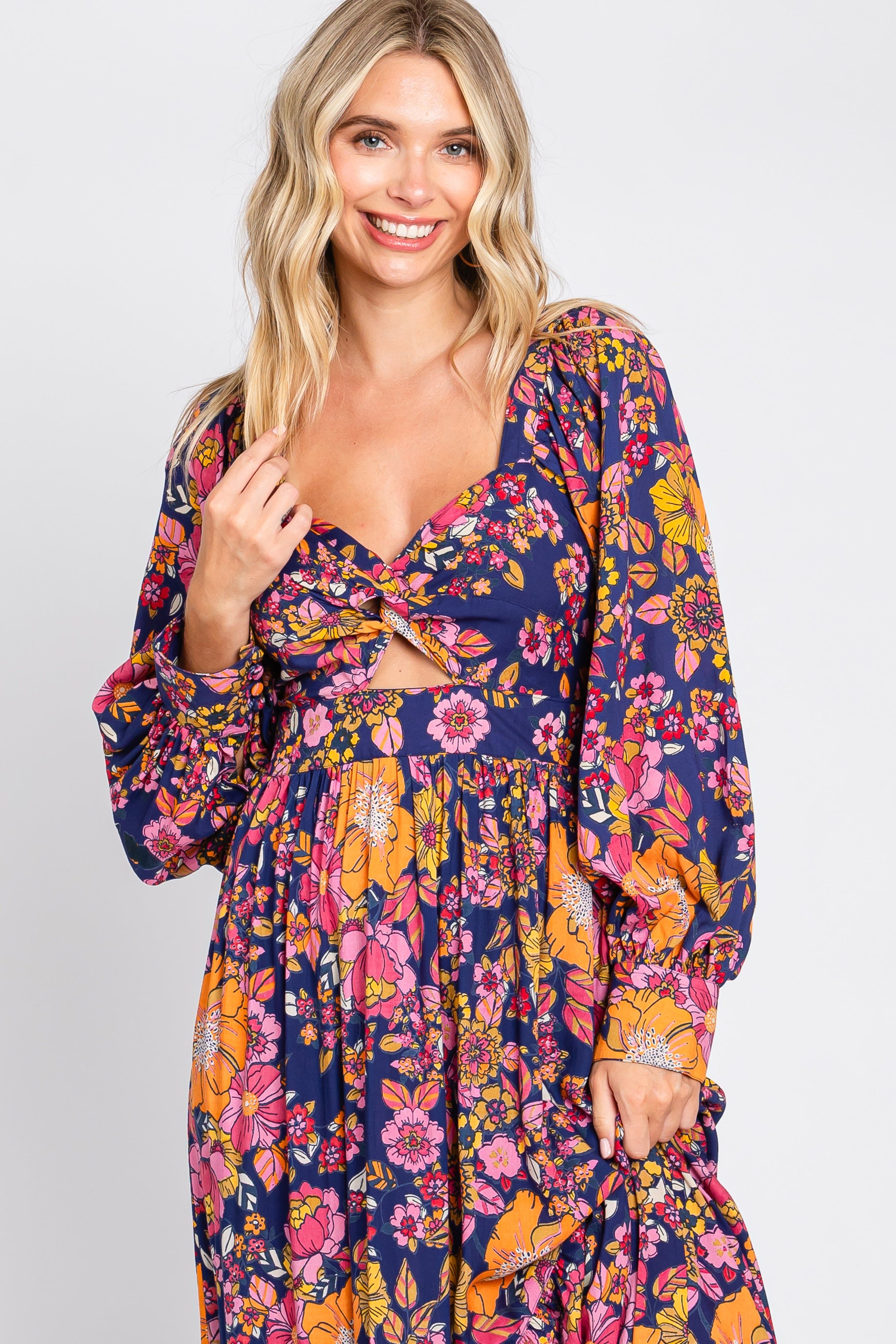 Navy Blue Floral Knot Front Twist Cutout Long Sleeve Maxi Dress sold by Pinkblush product image thumbnail 4
