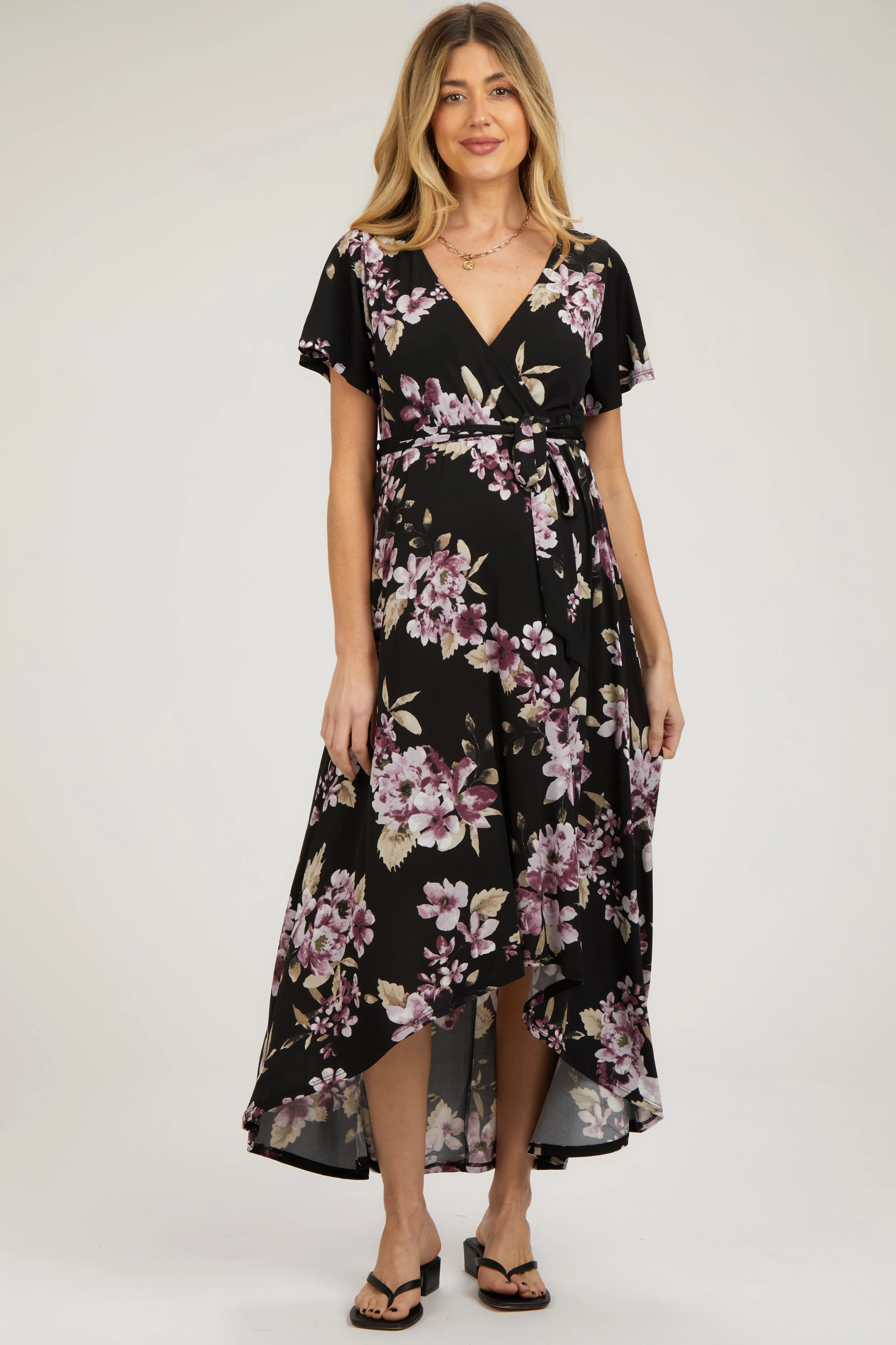 Black Floral Print Wrap Front V-Neck Hi-Low Maternity Midi Dress sold by Pinkblush