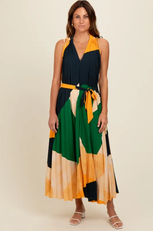Multicolor V-Neck Satin Pleated Maxi Dress made by Pinkblush