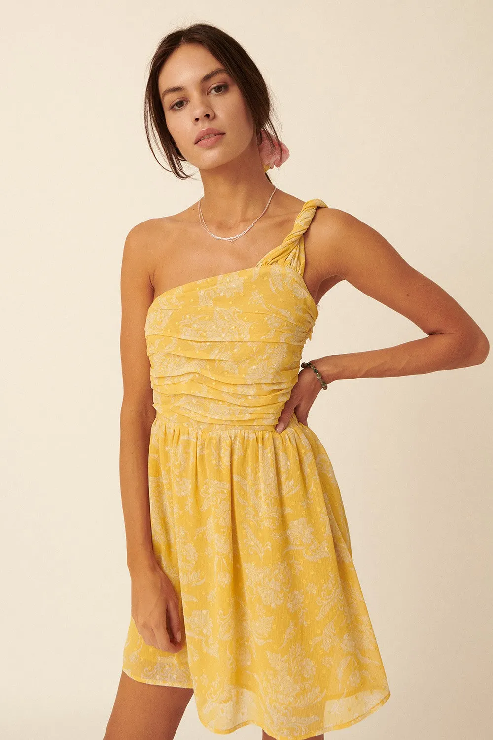 Yellow Floral Swiss Dot Chiffon One Shoulder Mini Dress sold by Pinkblush