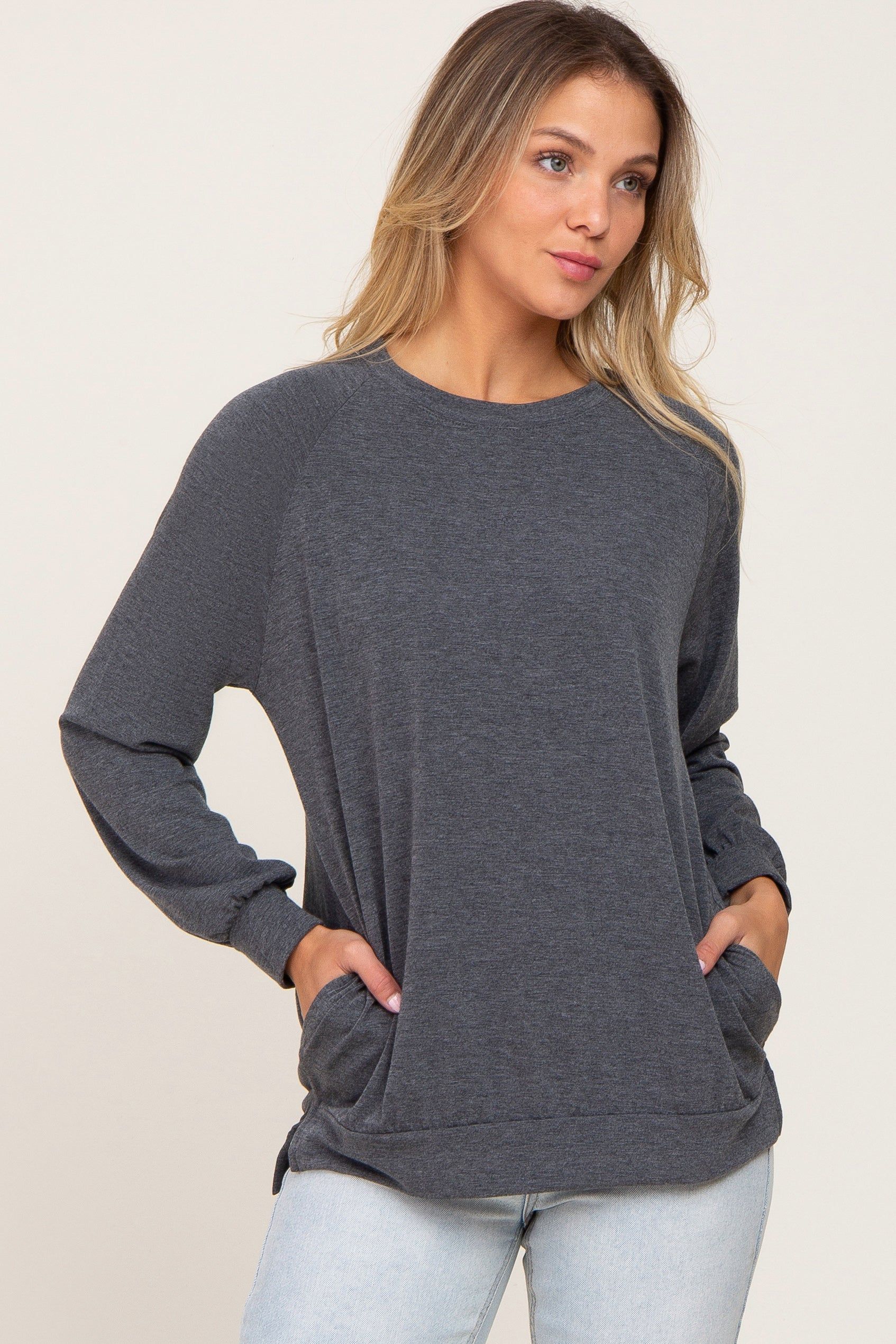 Charcoal Hi-Low Side Slit Long Sleeve Maternity Top sold by Pinkblush product image thumbnail 5