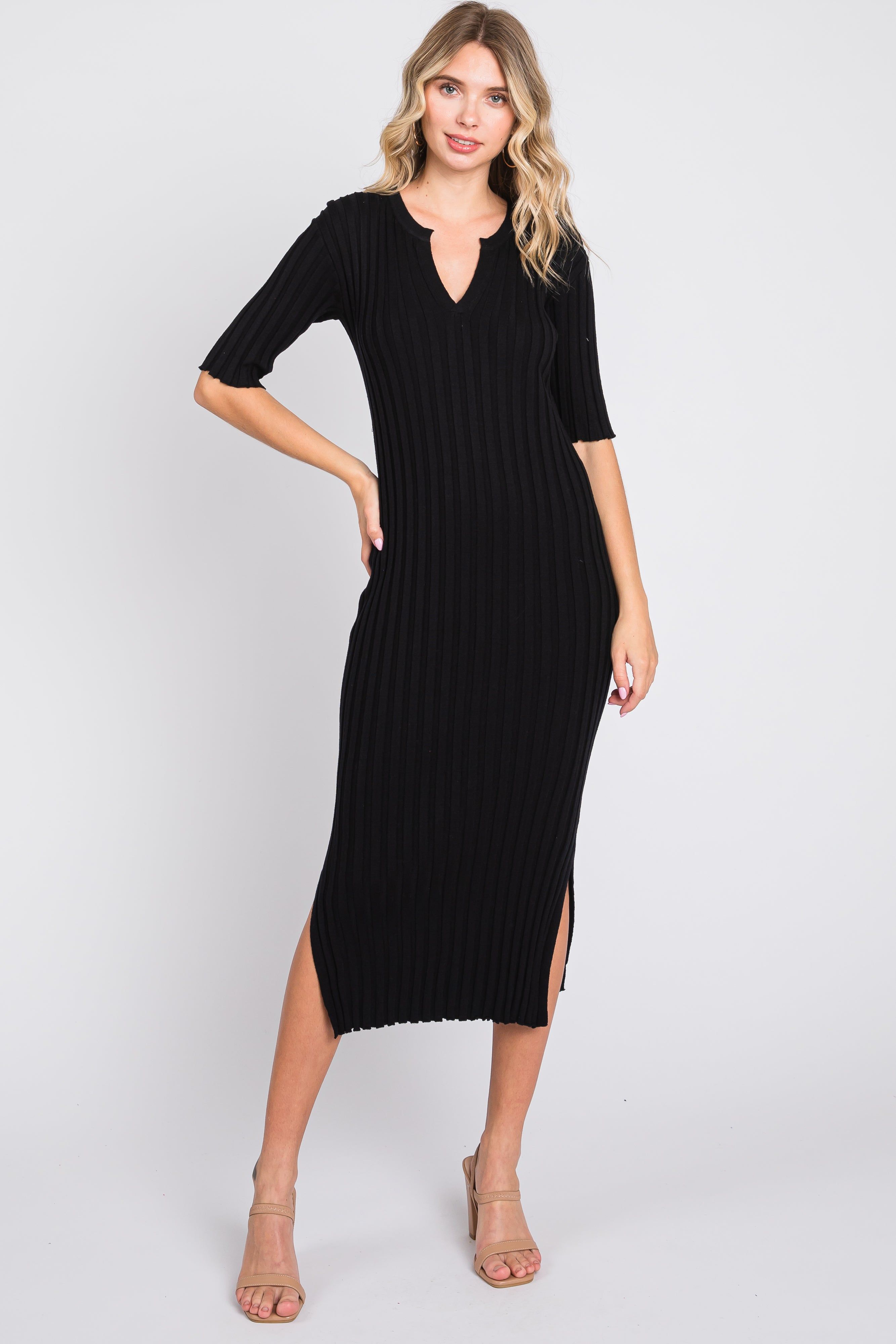 Black Ribbed Knit Midi Dress sold by Pinkblush