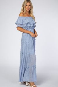 Light Blue Off Shoulder Eyelet Tiered Maxi Dress sold by Pinkblush