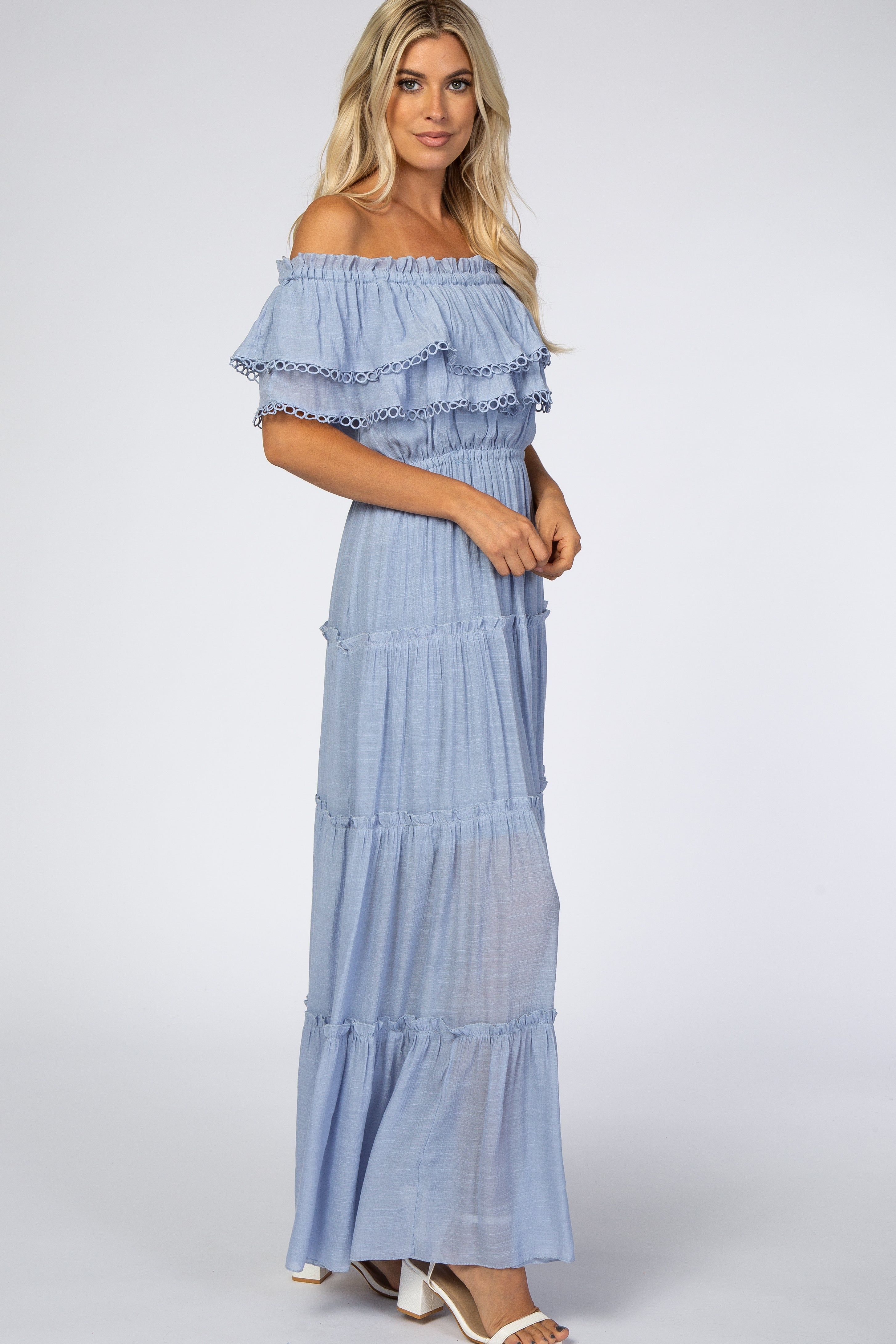 Light Blue Off Shoulder Eyelet Tiered Maxi Dress sold by Pinkblush product image thumbnail 2
