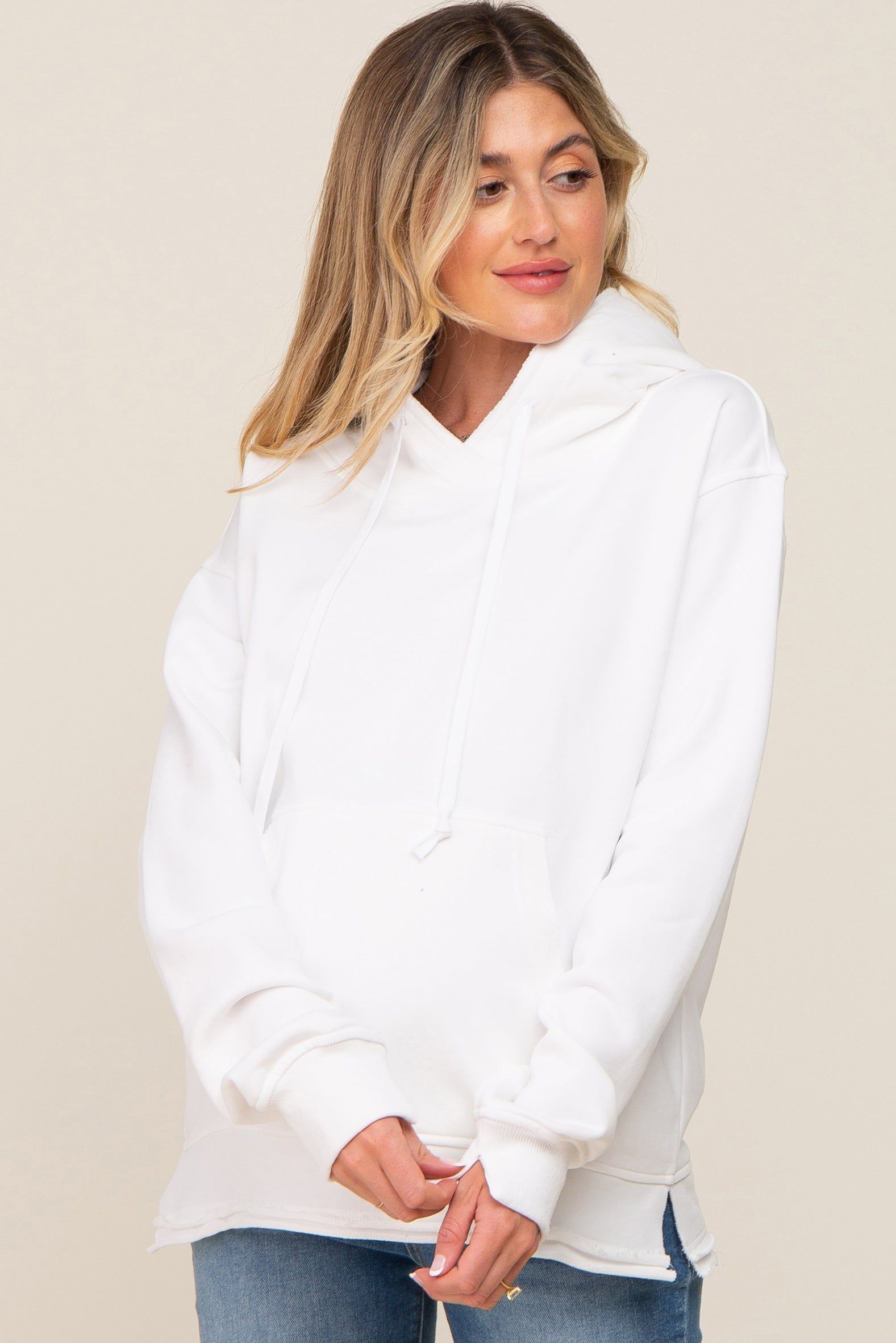 White Raw Edge Trim Maternity Drawstring Hoodie sold by Pinkblush product image thumbnail 2