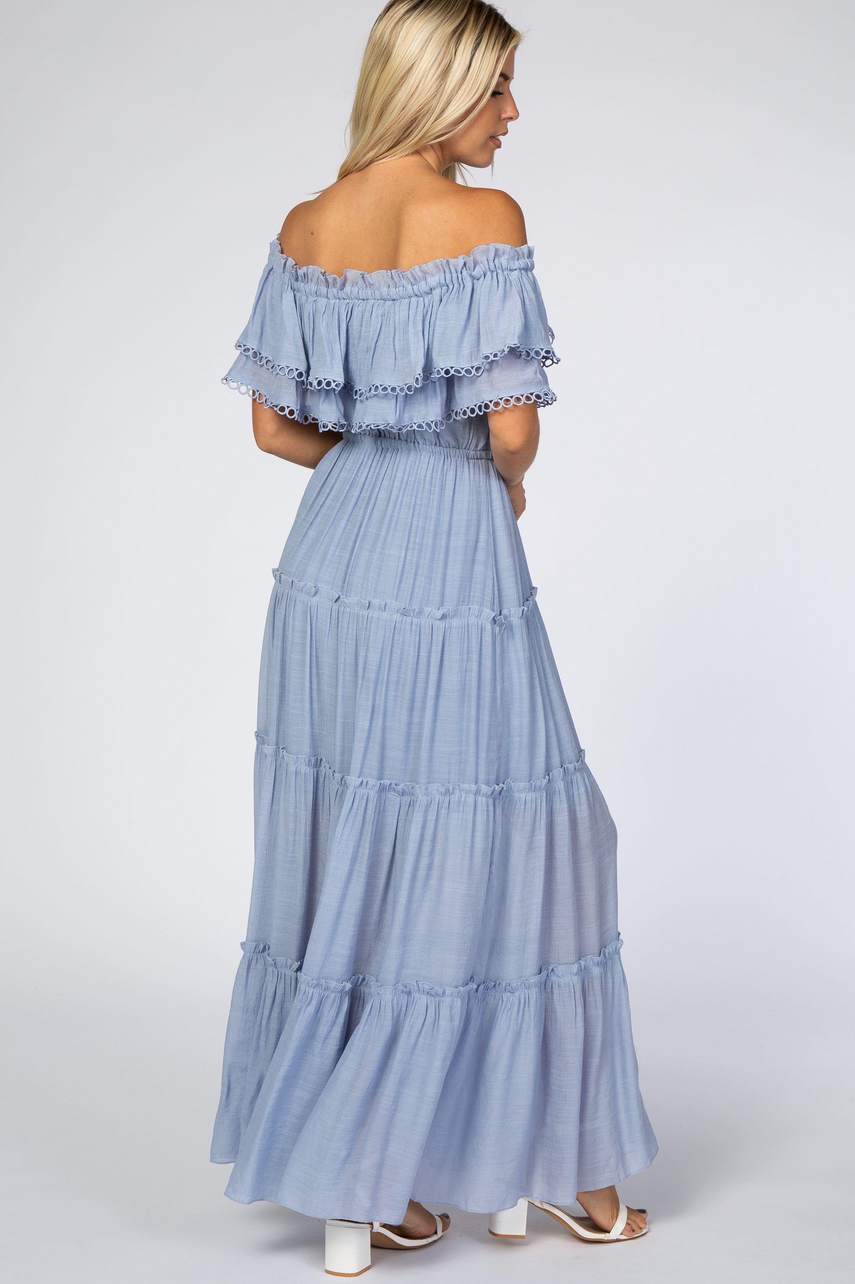 Light Blue Off Shoulder Eyelet Tiered Maxi Dress sold by Pinkblush product image thumbnail 3